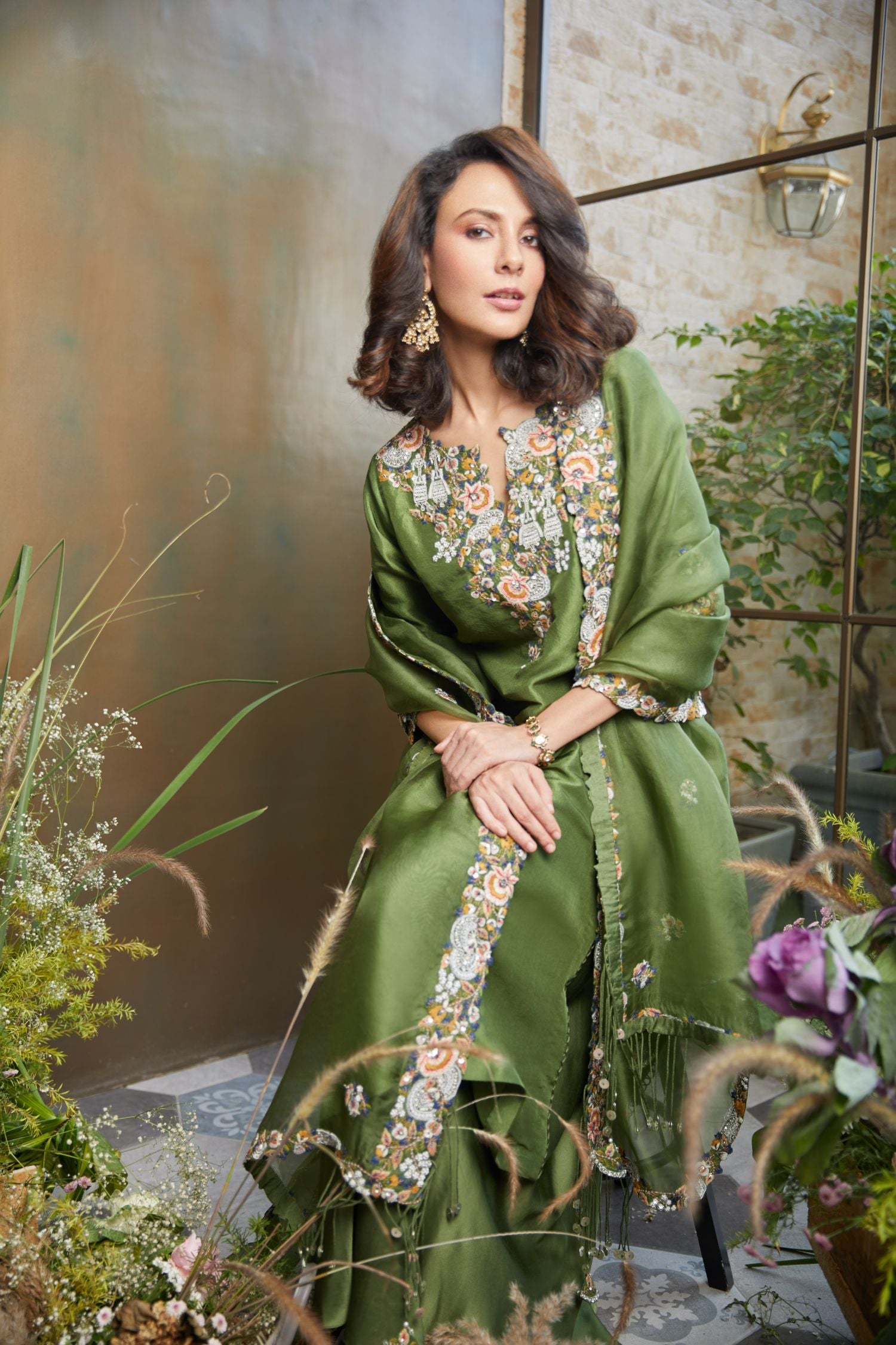 Silk Kurta With Cotton Satin Sharara And Organza Dupatta