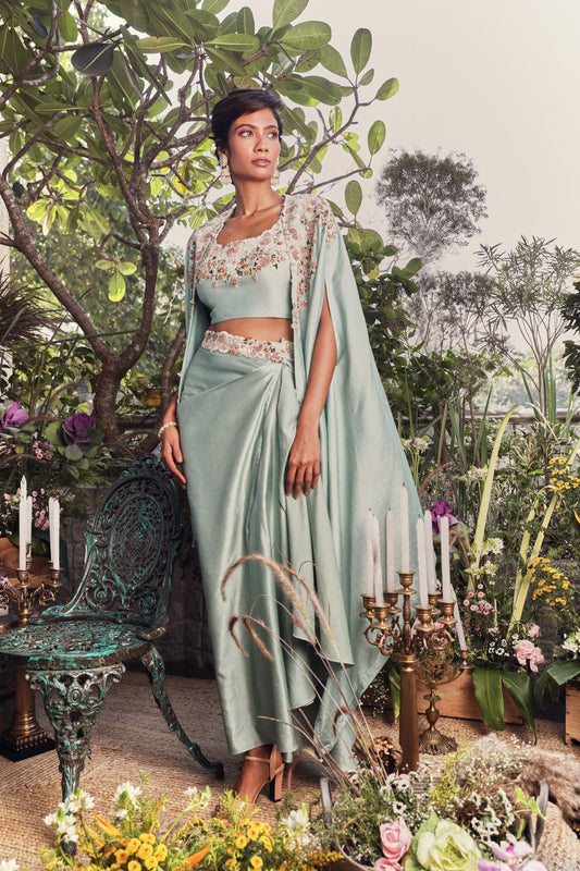 Chanderi Cape And Silk Blouse With Satin Pull Up Skirt Set