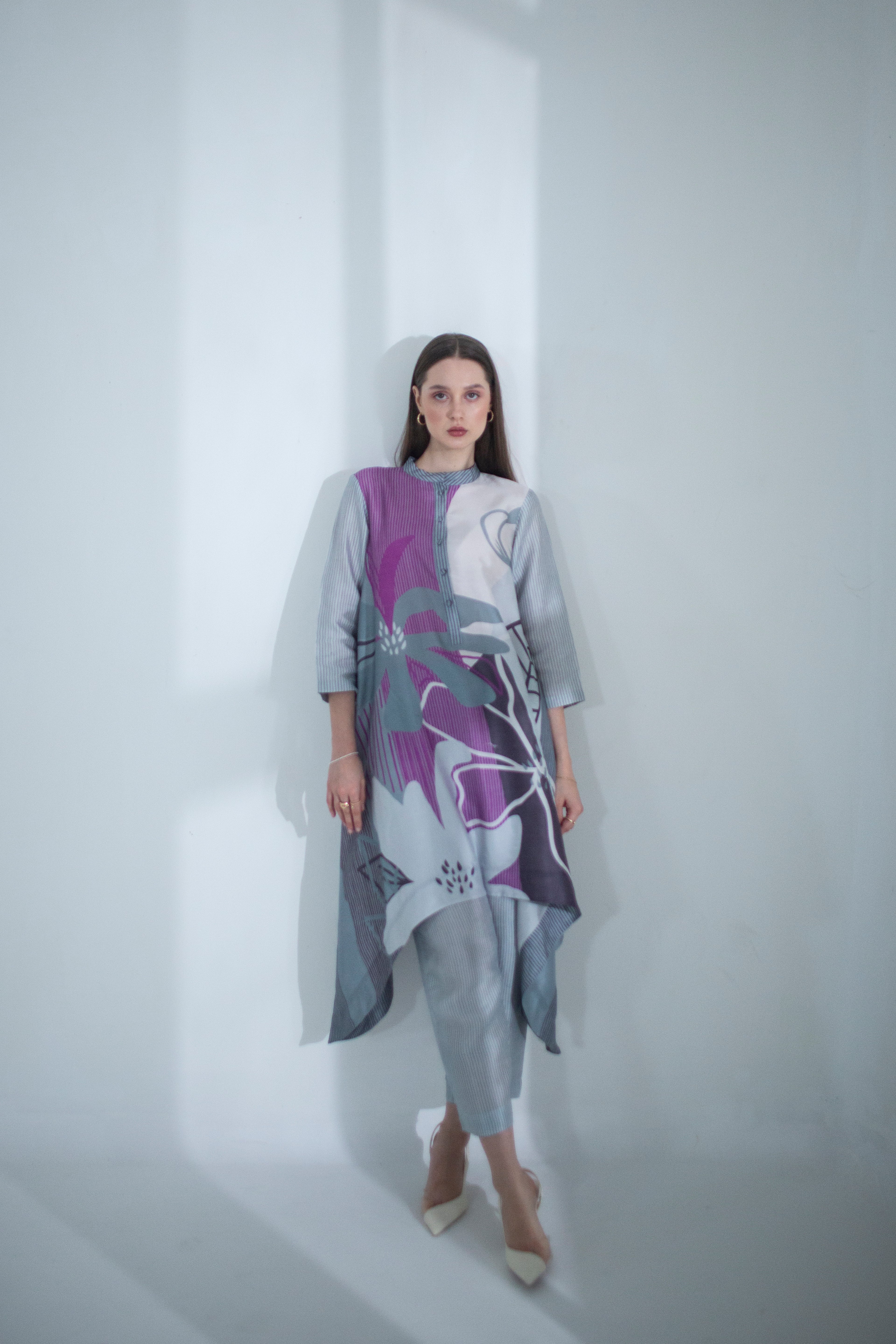 Grey & Purple Long Kaftan Tail Set