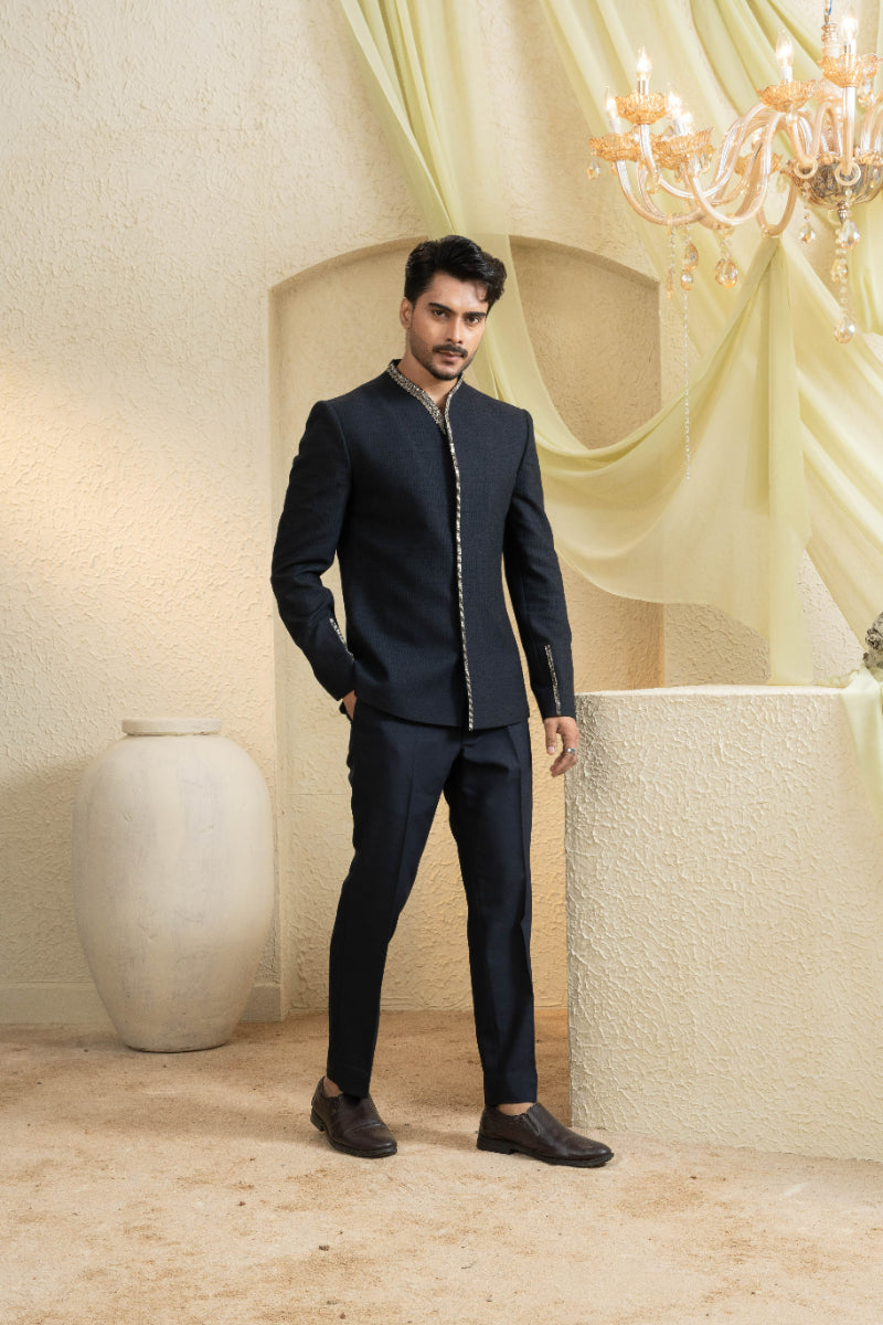 Midnight Hand-Embroidered Bandhgala