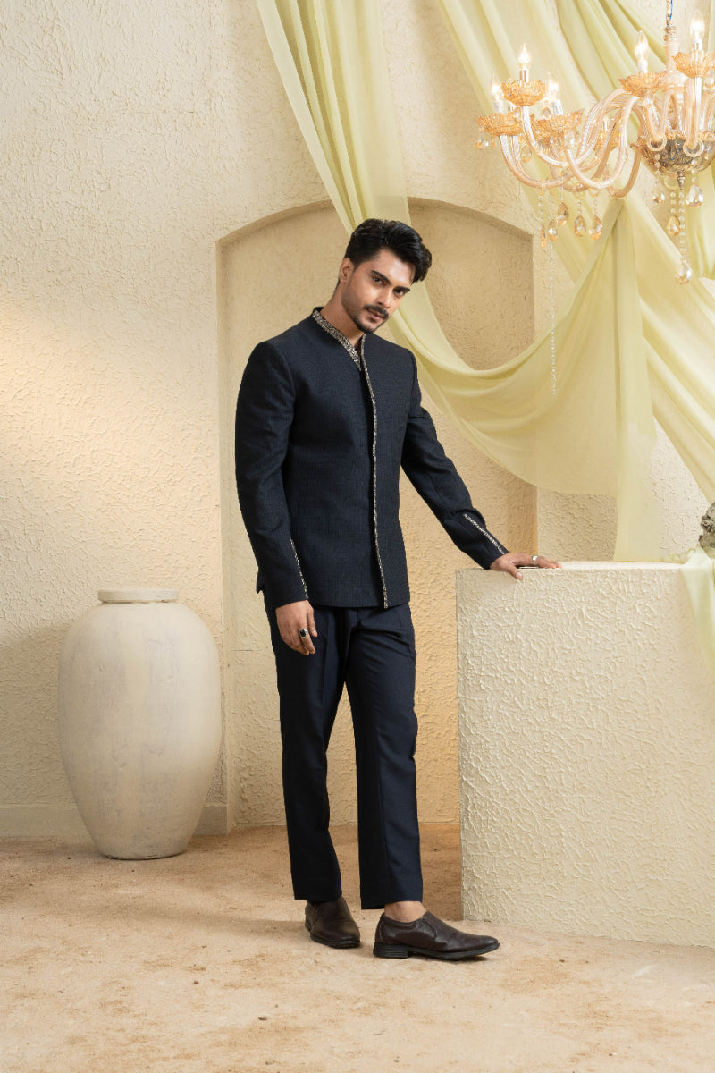 Midnight Hand-Embroidered Bandhgala