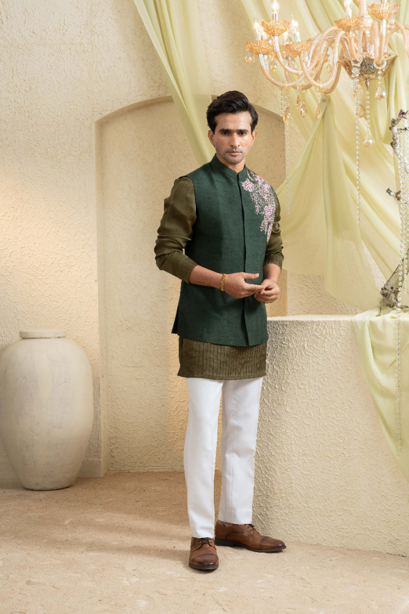 Forest Olive Hand-Embroidered Bundi Set