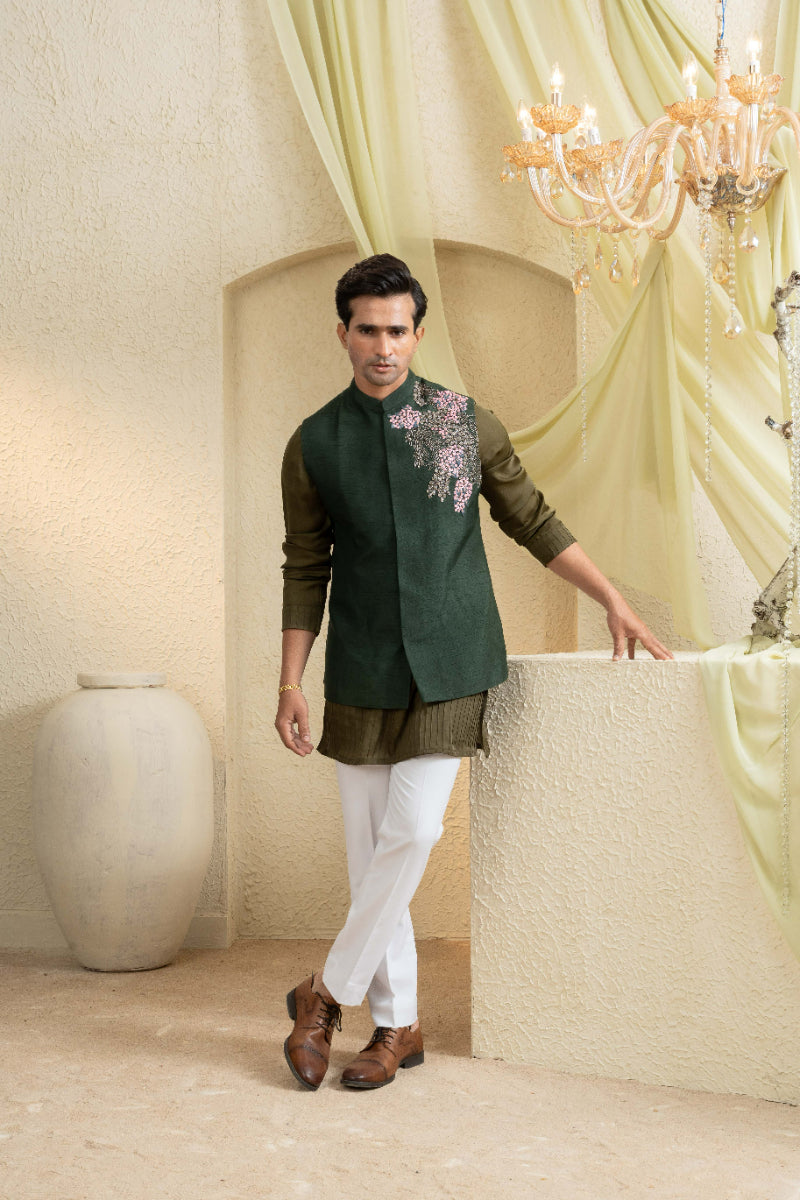 Forest Olive Hand-Embroidered Bundi Set