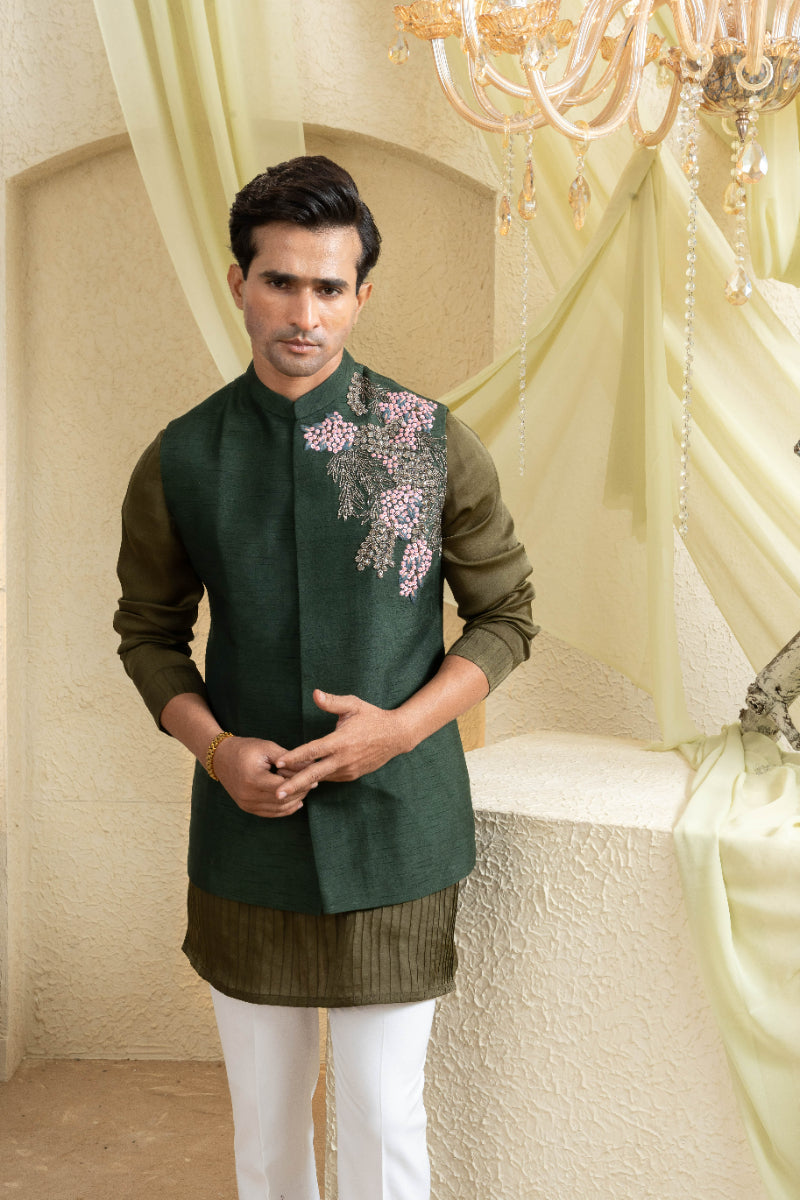 Forest Olive Hand-Embroidered Bundi