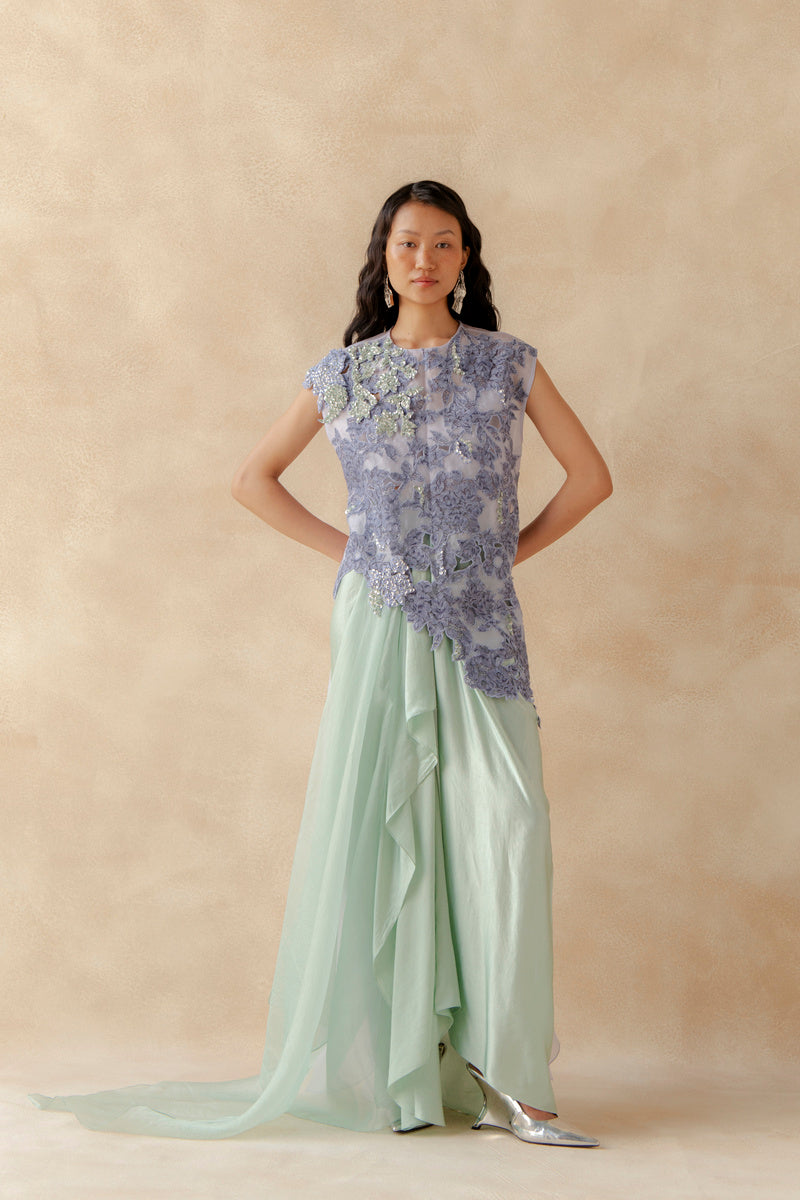 Embroidered Overlay With Bustier And Drape Skirt