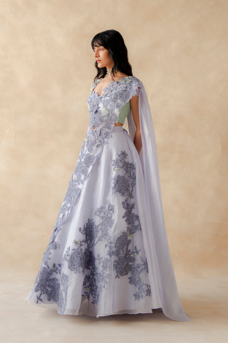 Lace Embroidered Blouse With Lace Lehenga With Drape
