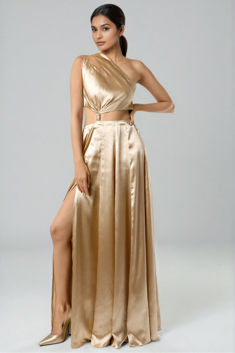 Gold Modal Satin One-Shoulder Gown XS Gold
