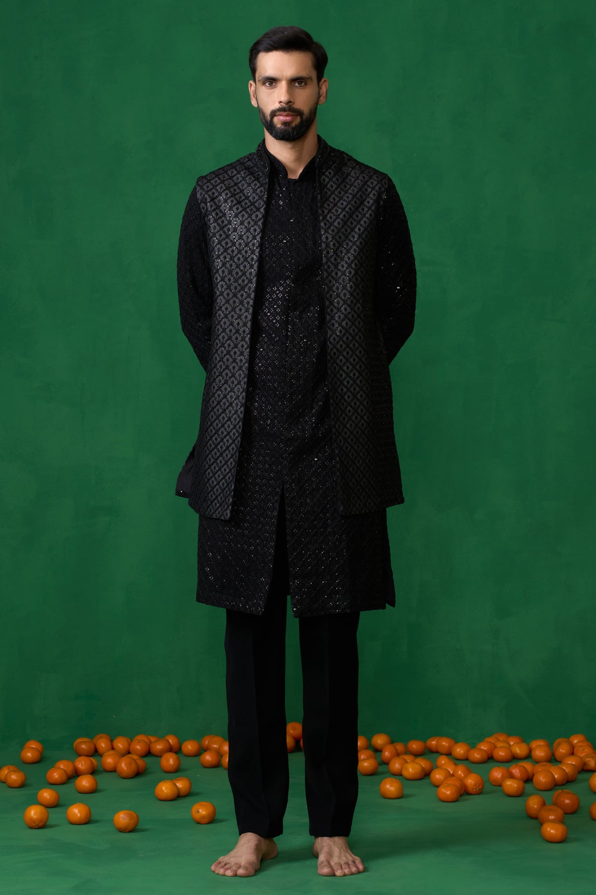 EMBROIDERED BLACK KURTA JACKET SET