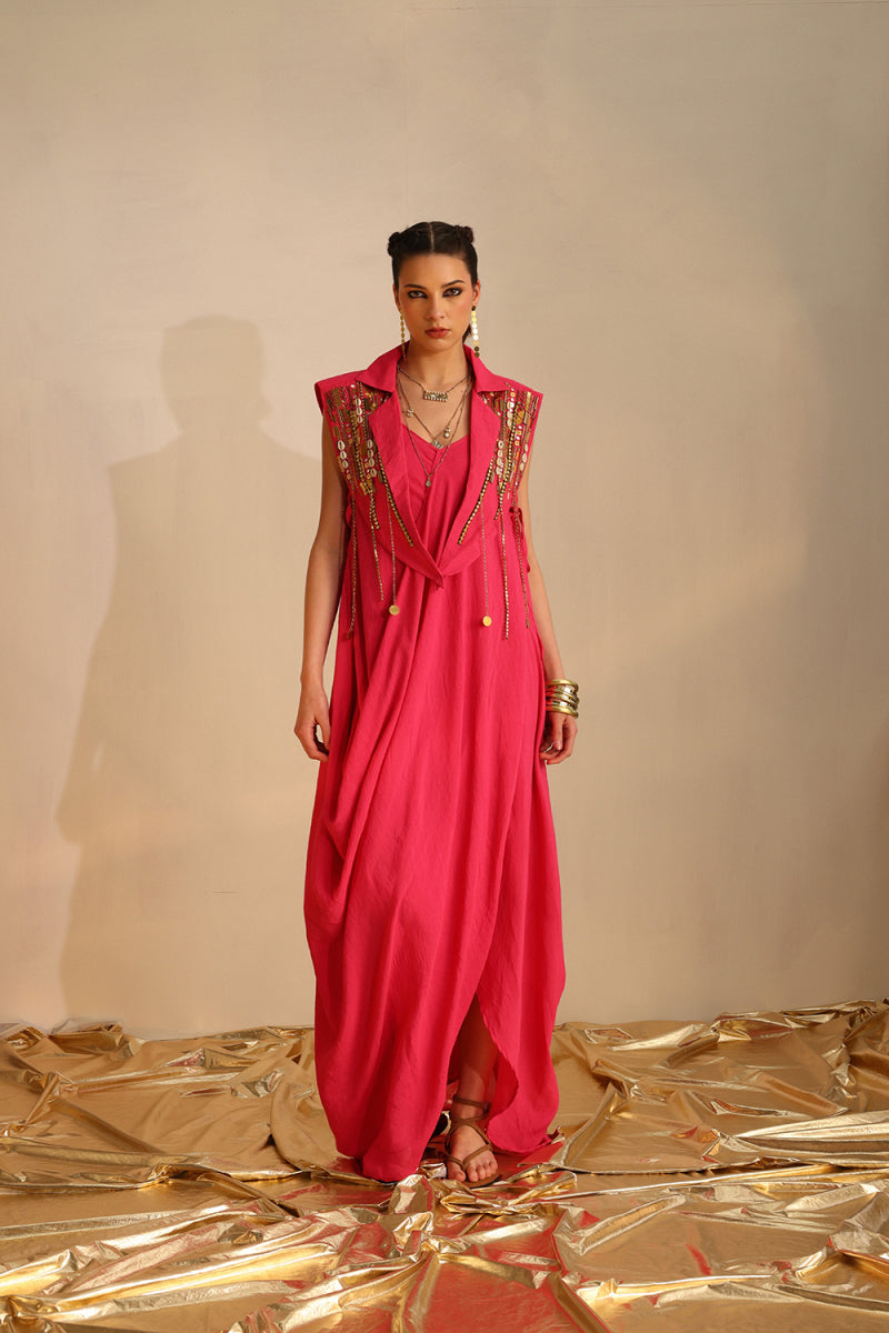 Cowl dress with a cape blazer waistcoat AGASHE Cowl dress with a cape blazer waistcoat AGASHE