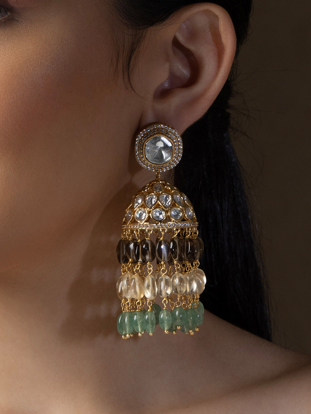 Polki Jhumka Earrings With Jade Tumbles