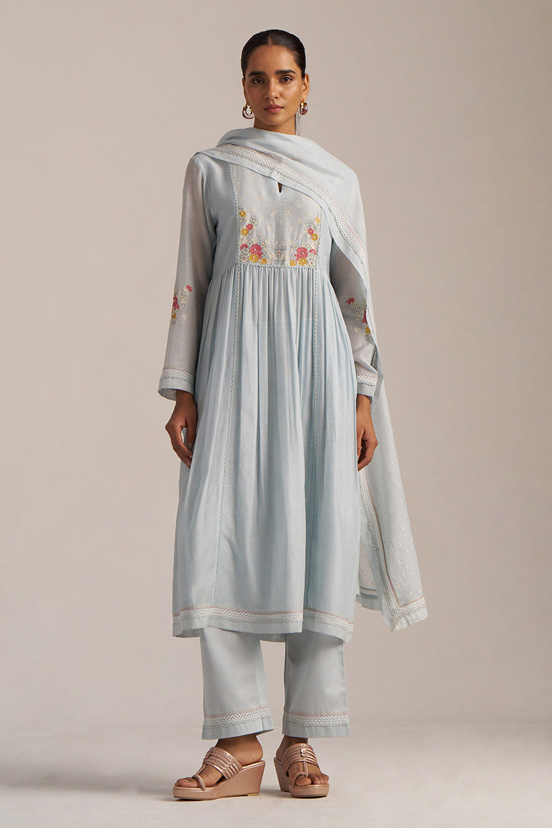 Chalk Blue Mal Chanderi Embroidered Kurta Set