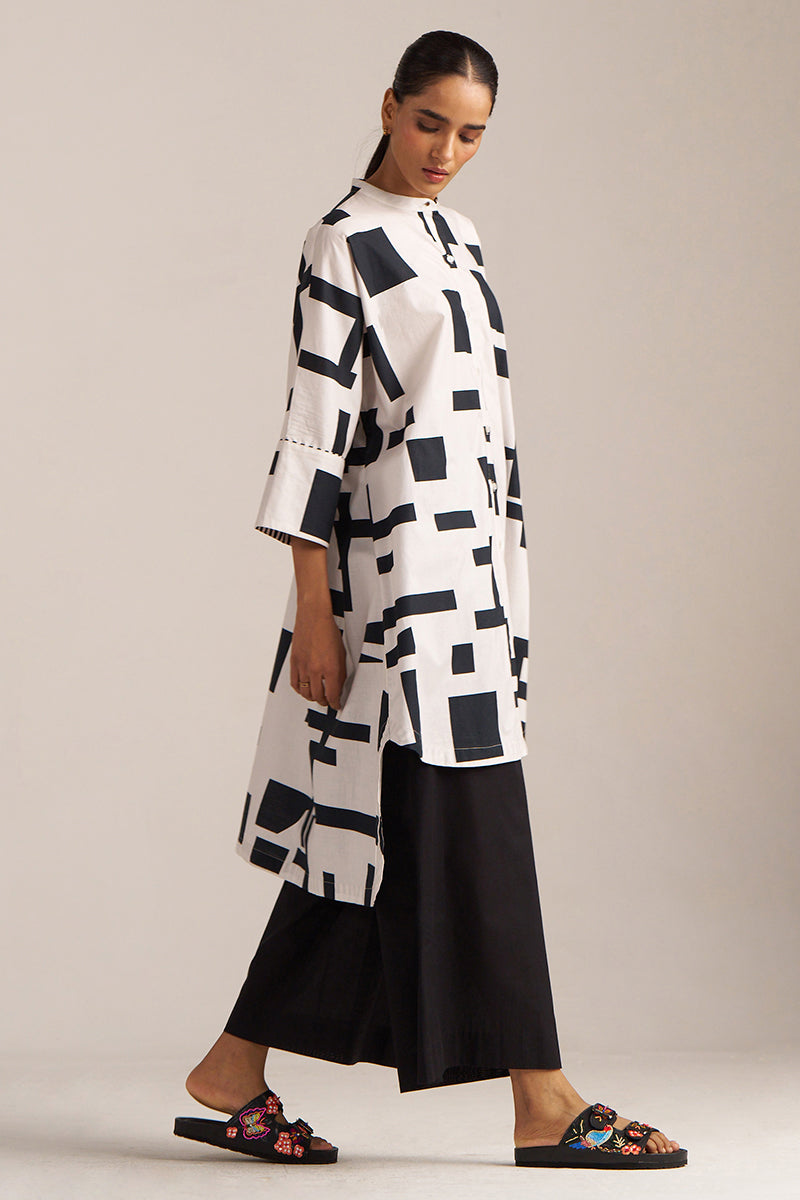 White and Black Print Cotton Asymmetric Shirt Kurta