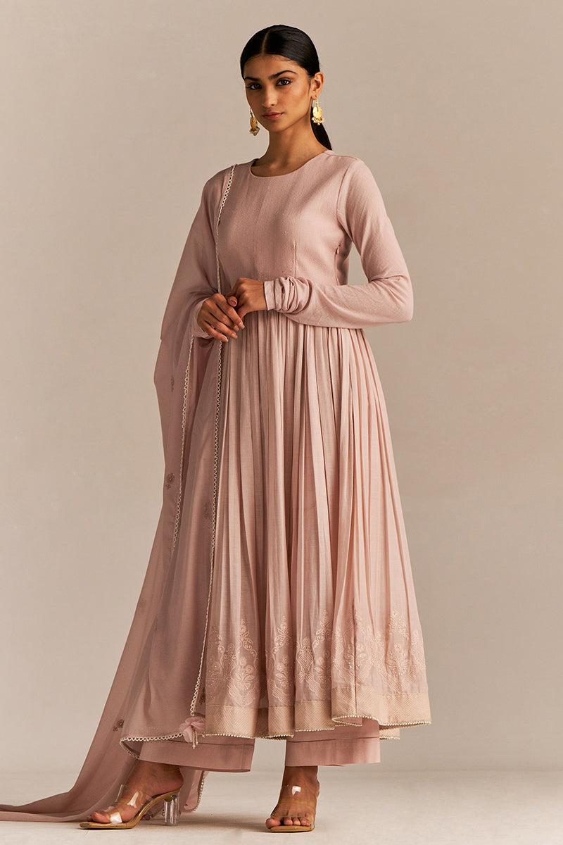 Mauve Chalk Mul-Mul Anarkali Kurta Set