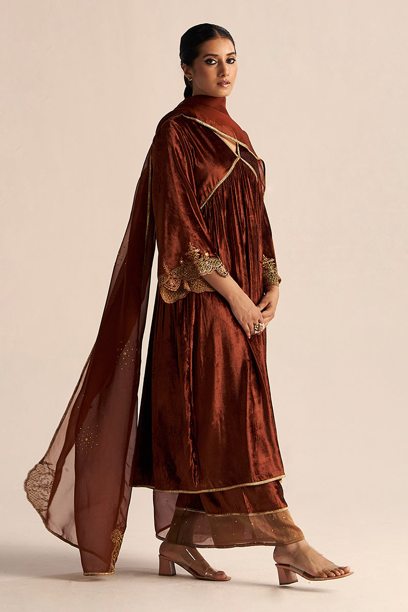 Sequoia Brown Velvet Festive Kurta Set