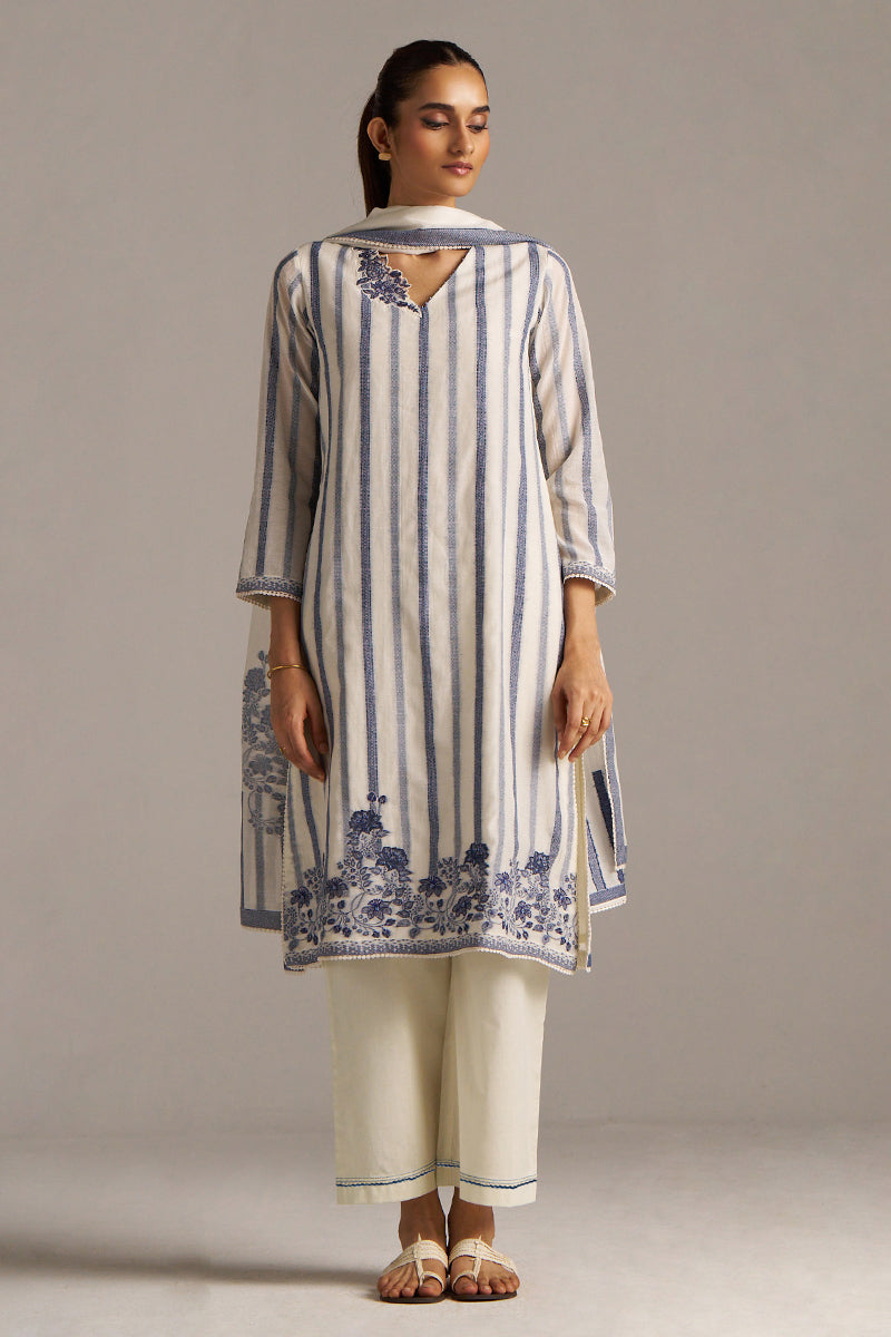 Off-White And Blue Woven-Chanderi Kurta Set