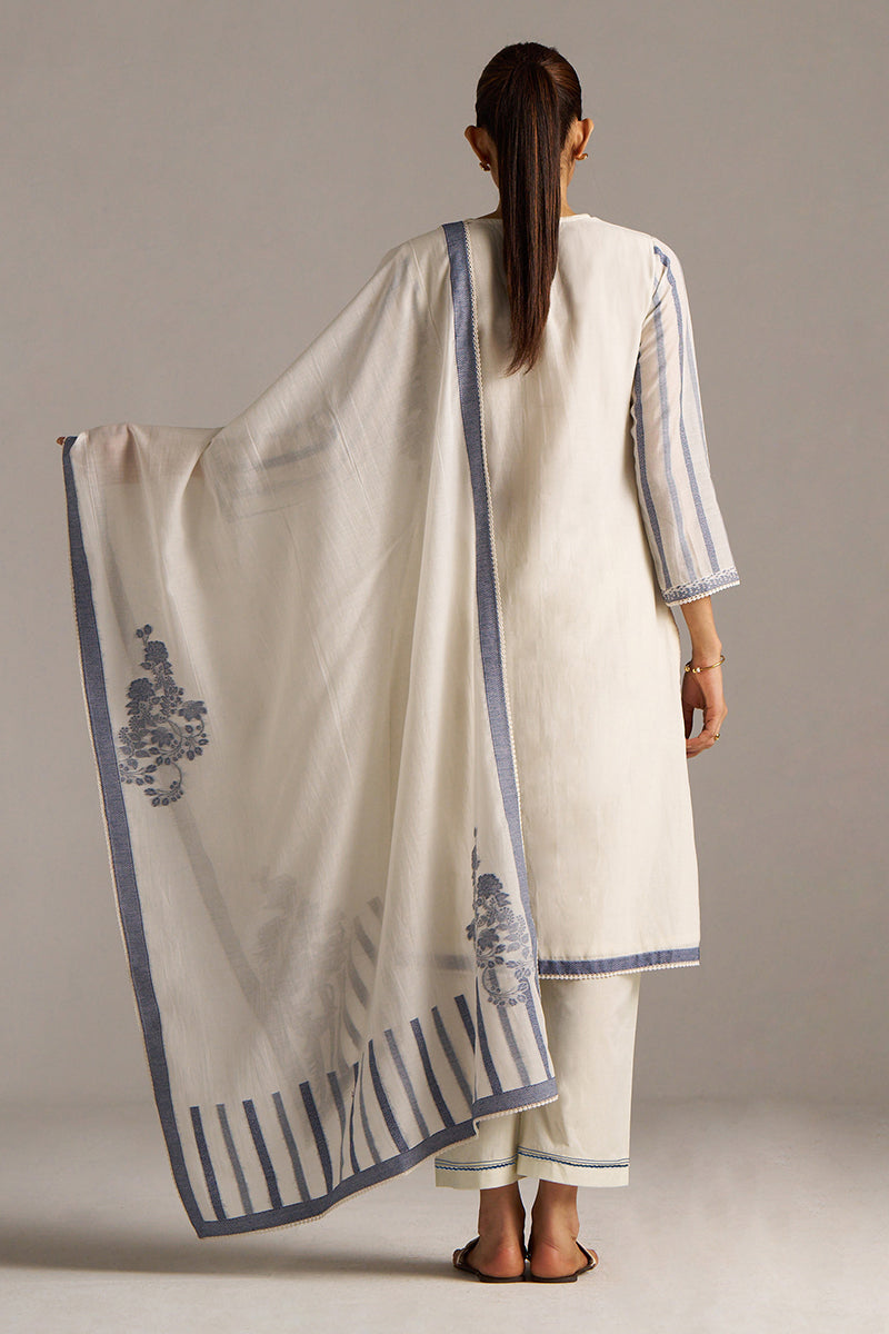 Off-White And Blue Woven-Chanderi Kurta Set