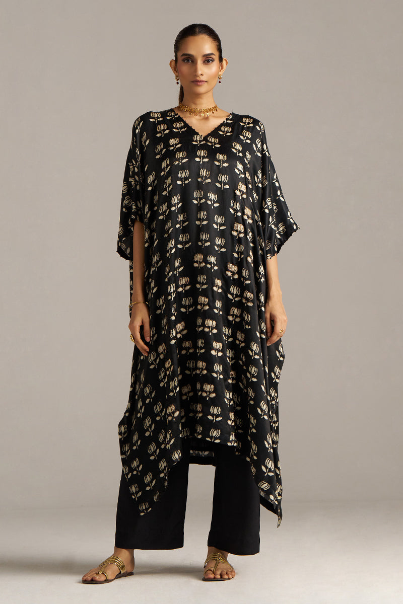 Black Lotus Print Gaji Silk Festive Kaftaan Set (Co-ord Set)