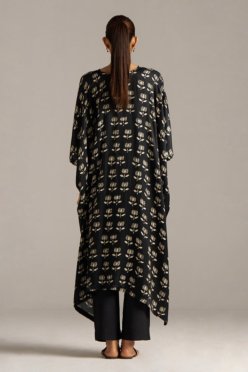 Black Lotus Print Gaji Silk Festive Kaftaan Set (Co-ord Set)