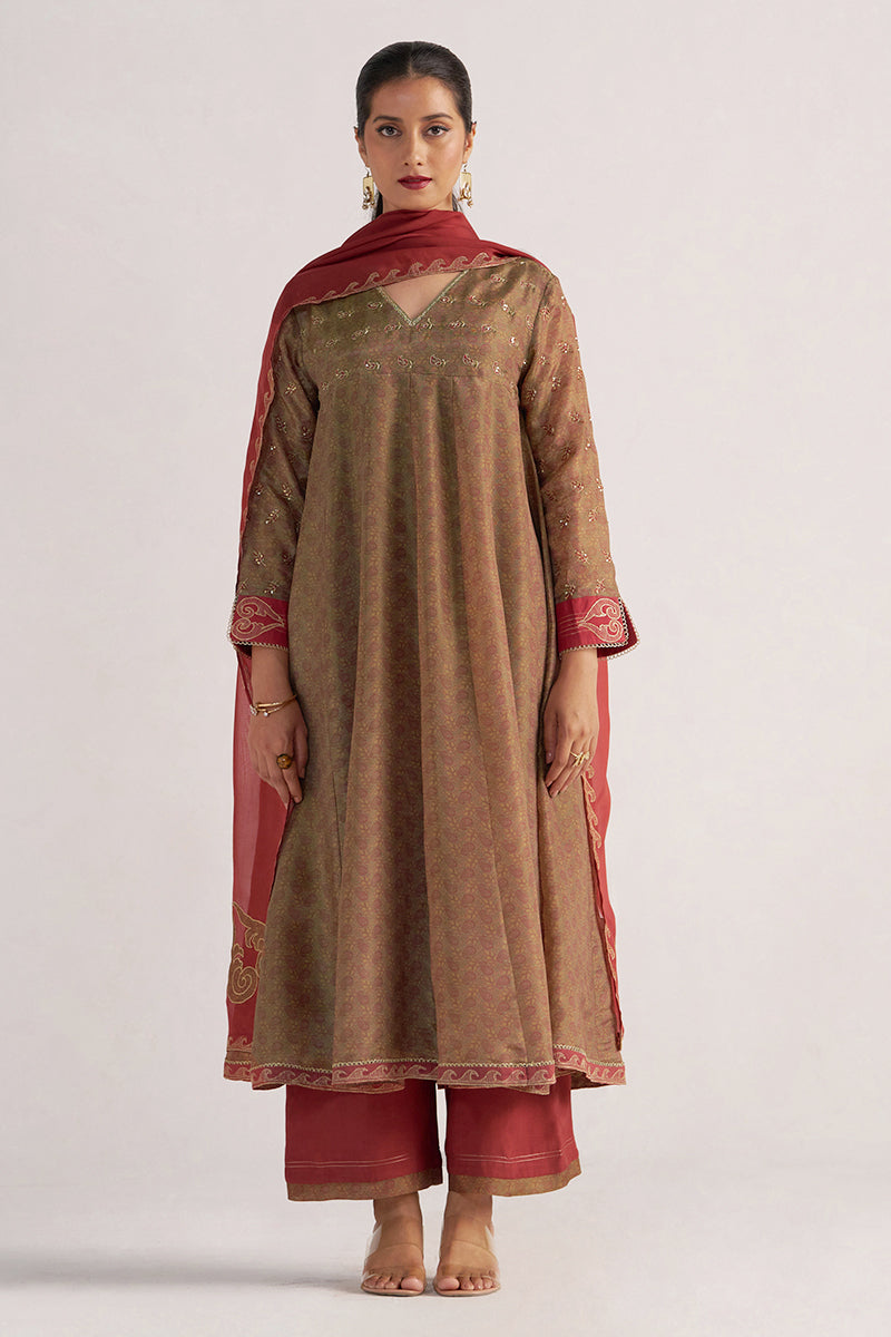 Lark Beige and Dull Maroon Tissue Print Kurta Set