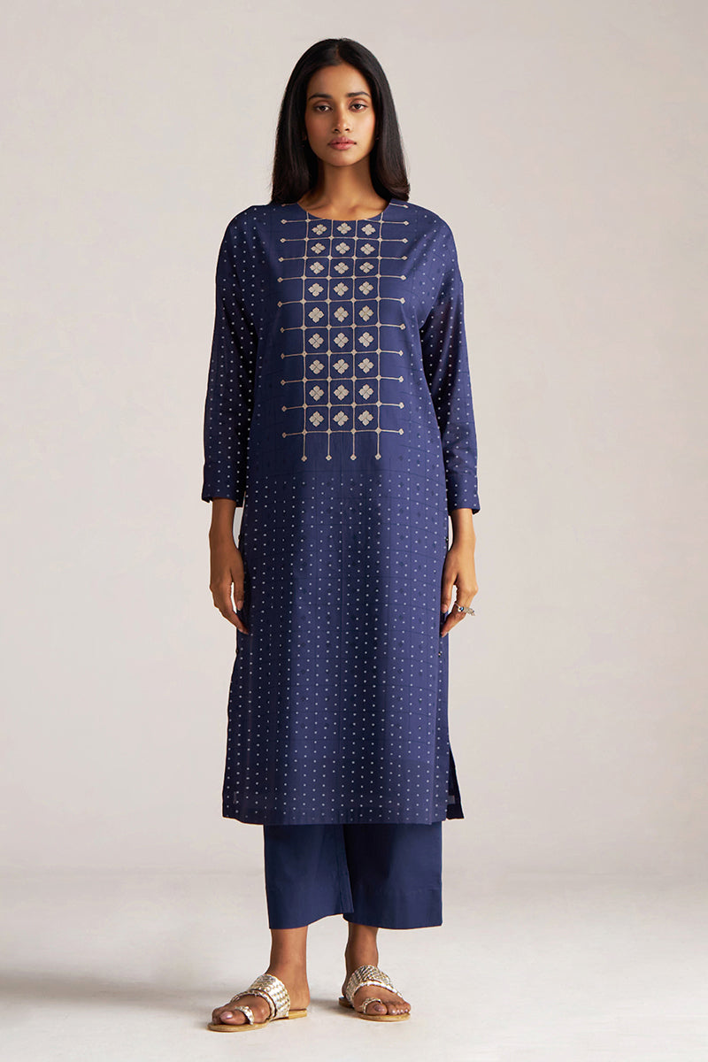Blue and Off White Mul-Mul Print Co-ord Set