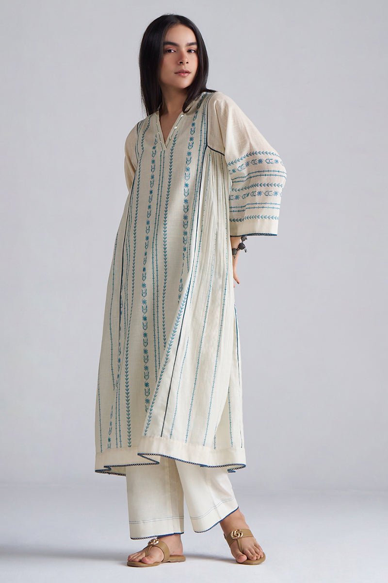 Ivory With Blue Cotton Linen Co-ord Set