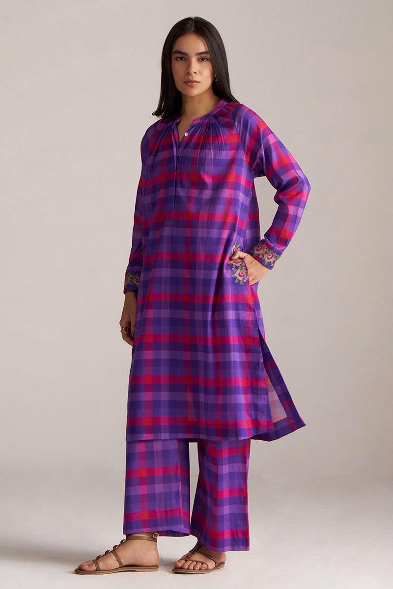 Purple Checkard Mul-Mul Co-ord Set
