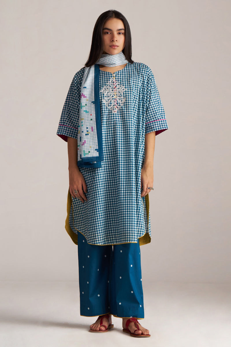 Blue and White Mul-Mul Checkard Co-ord Set With Stole
