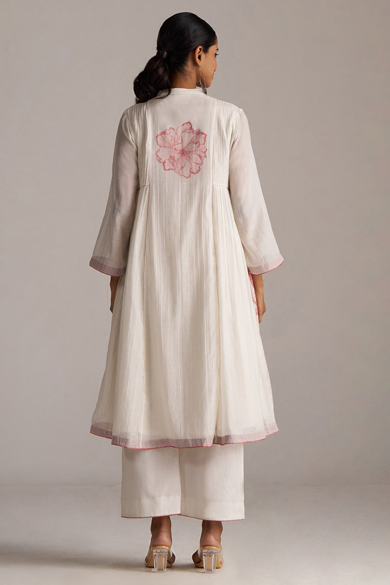 Ivory and Maroon Pure Chanderi Kurta Set