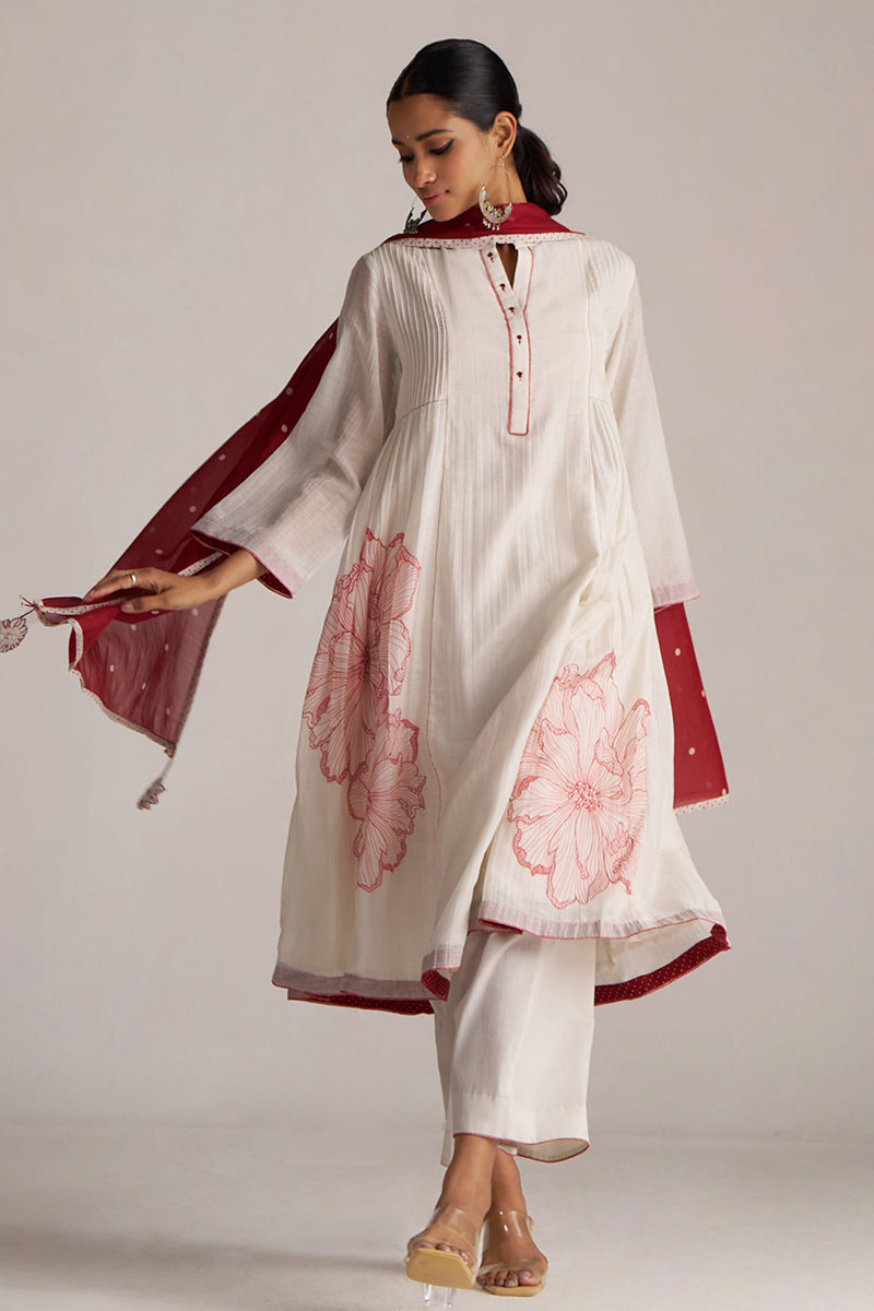 Ivory and Maroon Pure Chanderi Kurta Set