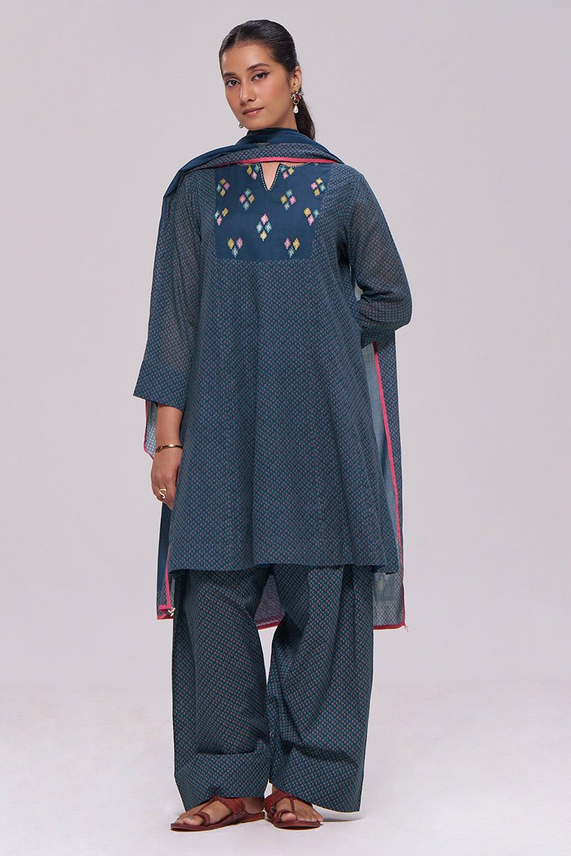 Deep Blue Printed Mul-Mul Kurta Set