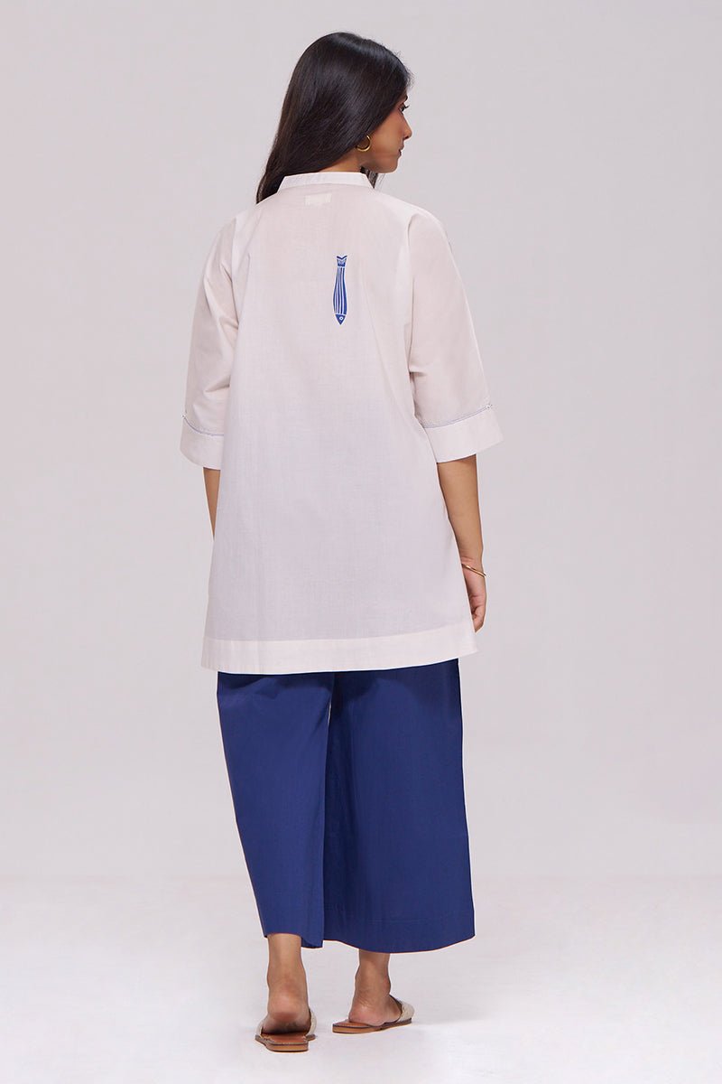 Off-White and Blue Cotton Kurta