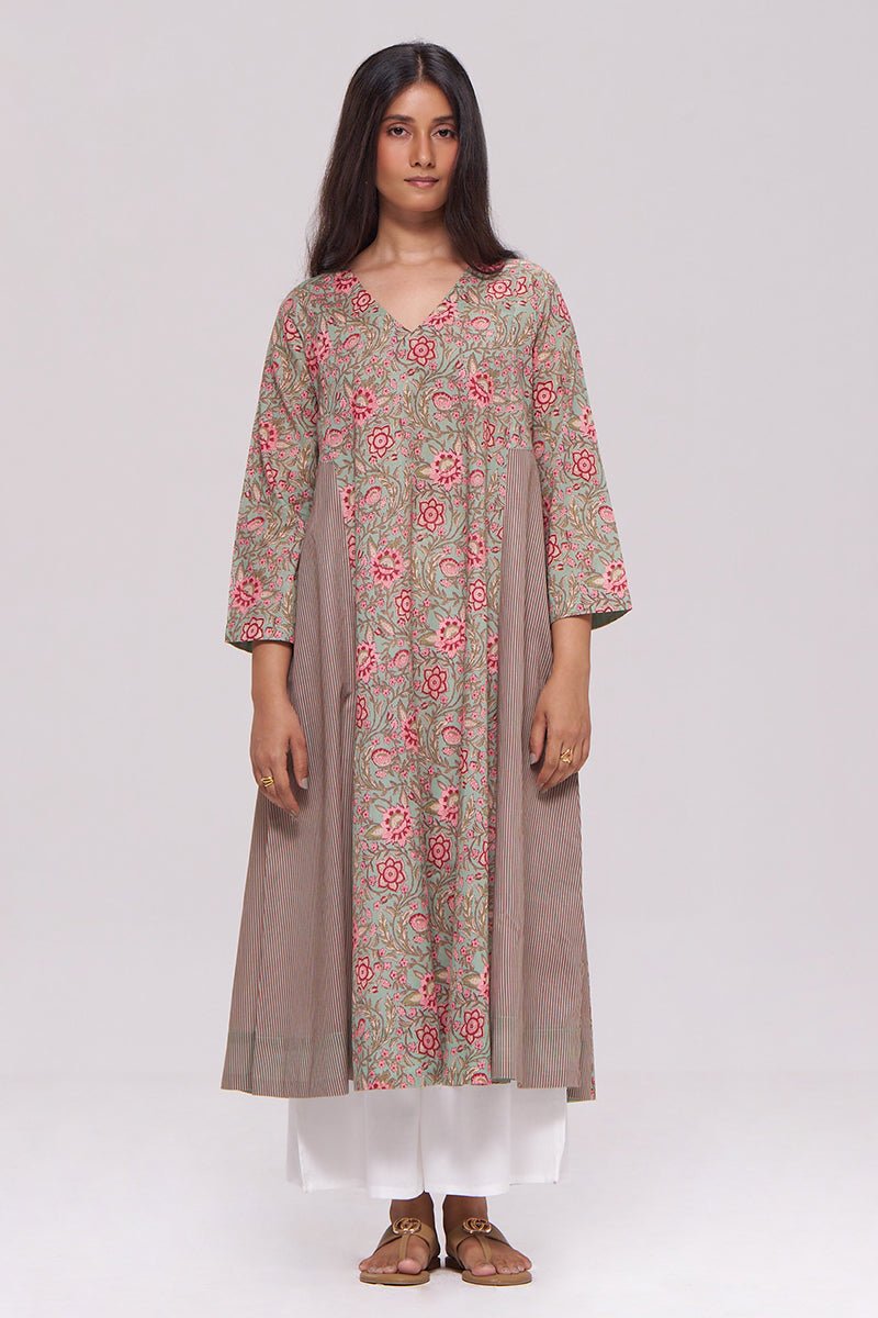 Basil Green and Pink Cotton Kurta
