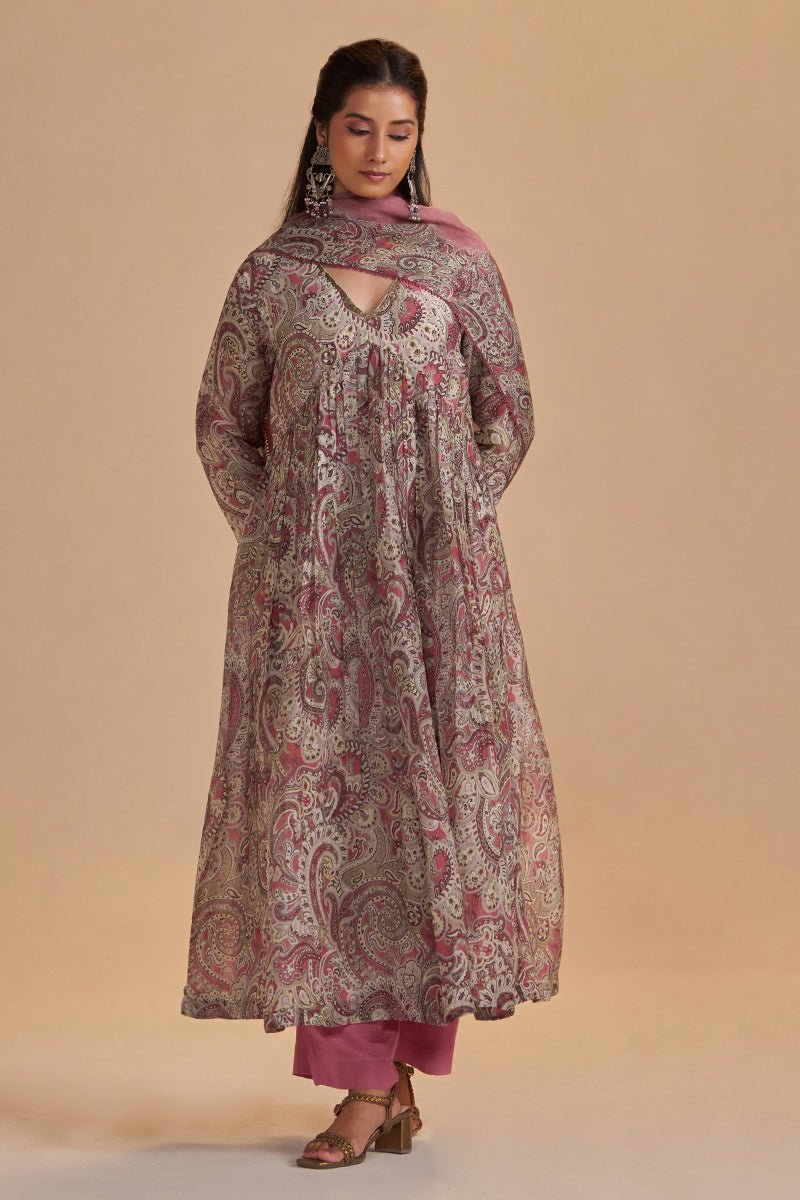 Mauve and Beige Orgenza Silk Kurta Set