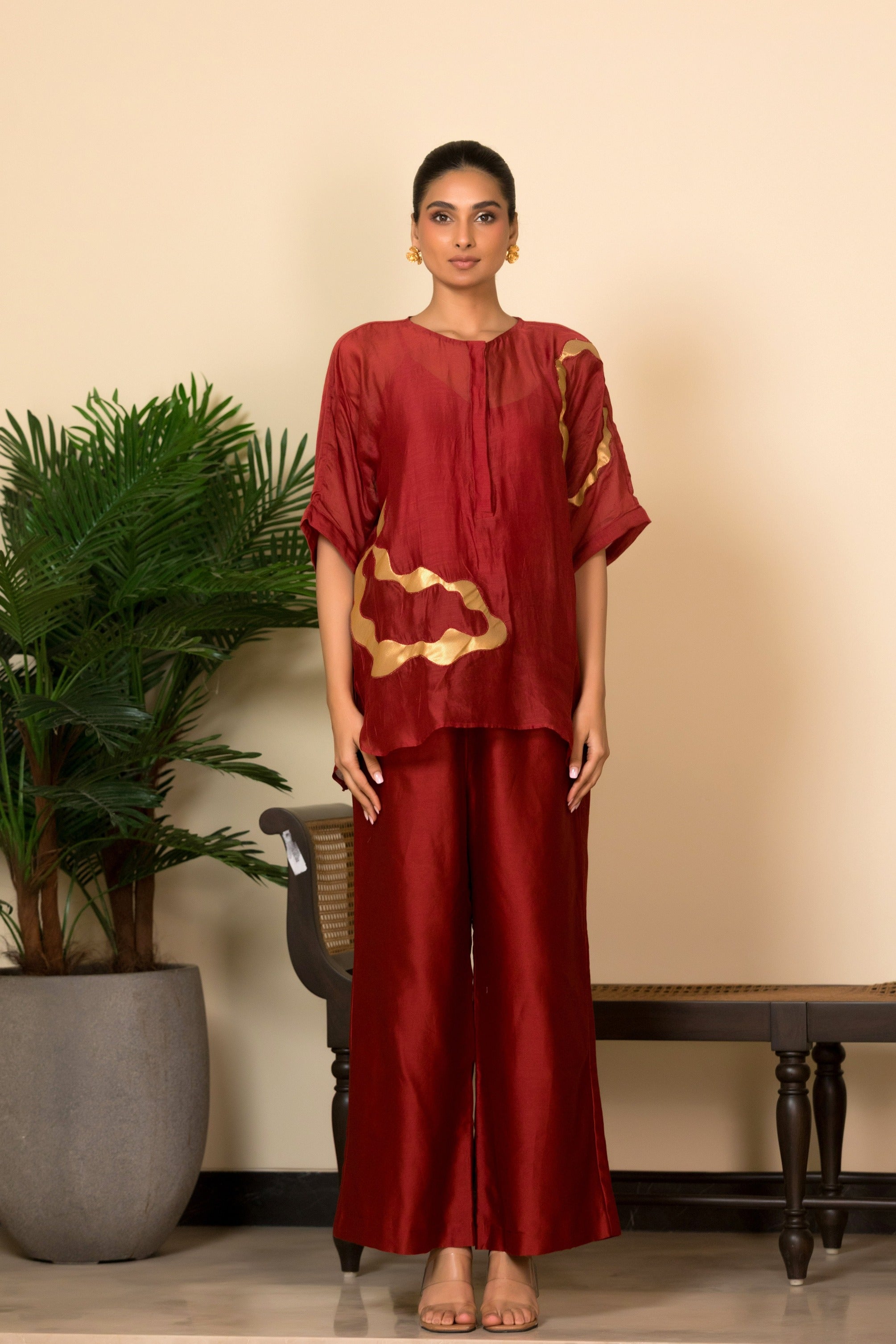 Eeda Silk Shirt Set with Asymmetrical Patchwork - Maroon