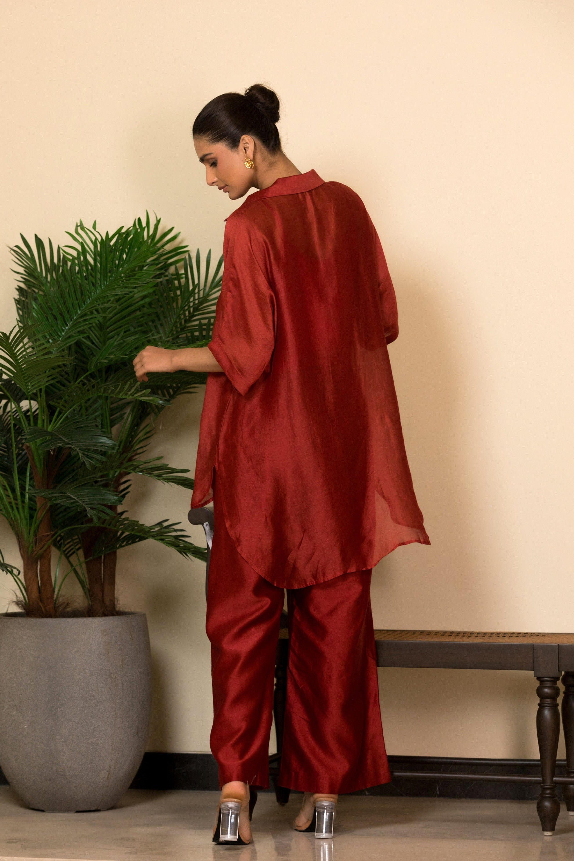 Eeda Silk Centre Brocade Patch ShirtSet - Maroon