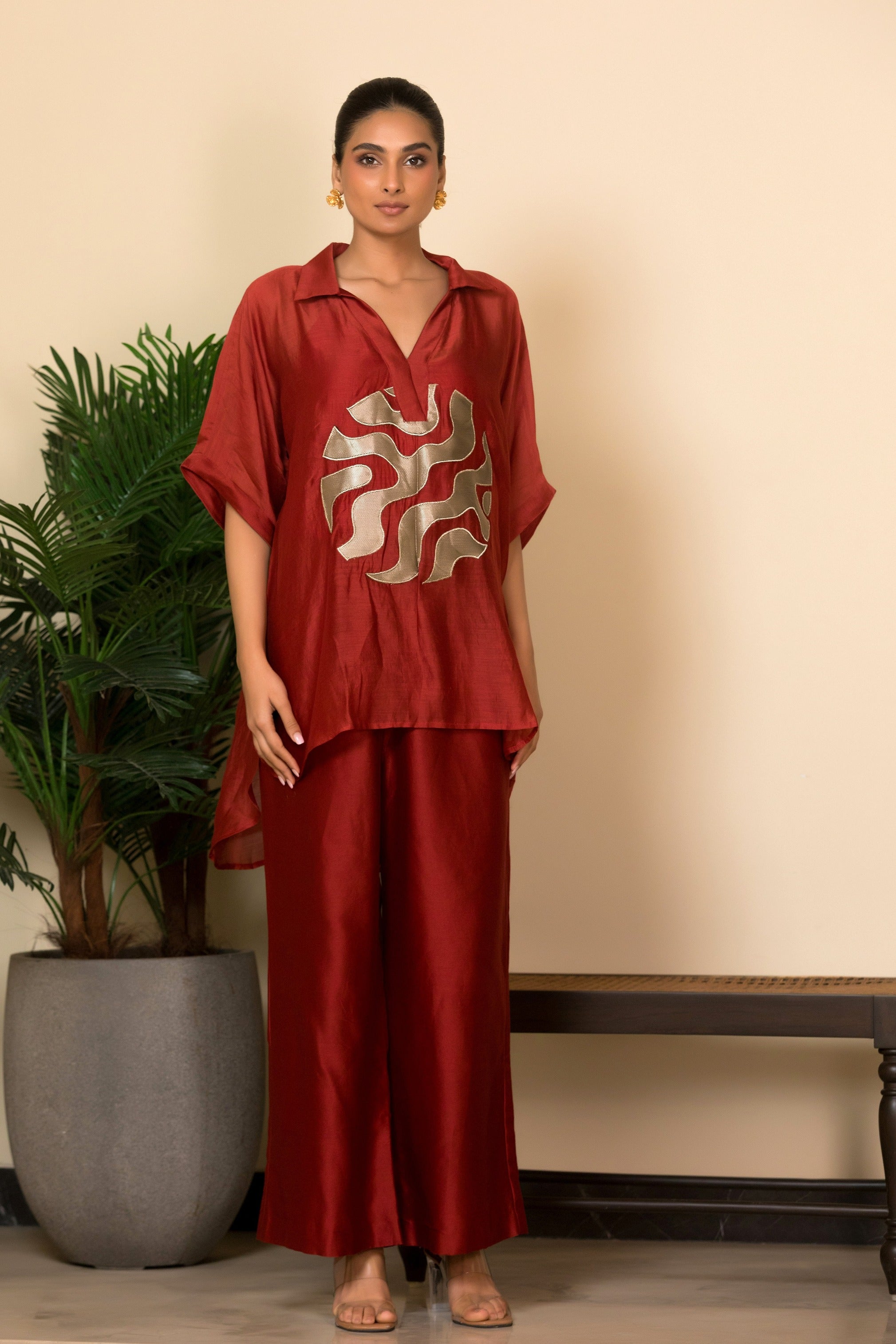 Eeda Silk Centre Brocade Patch ShirtSet - Maroon