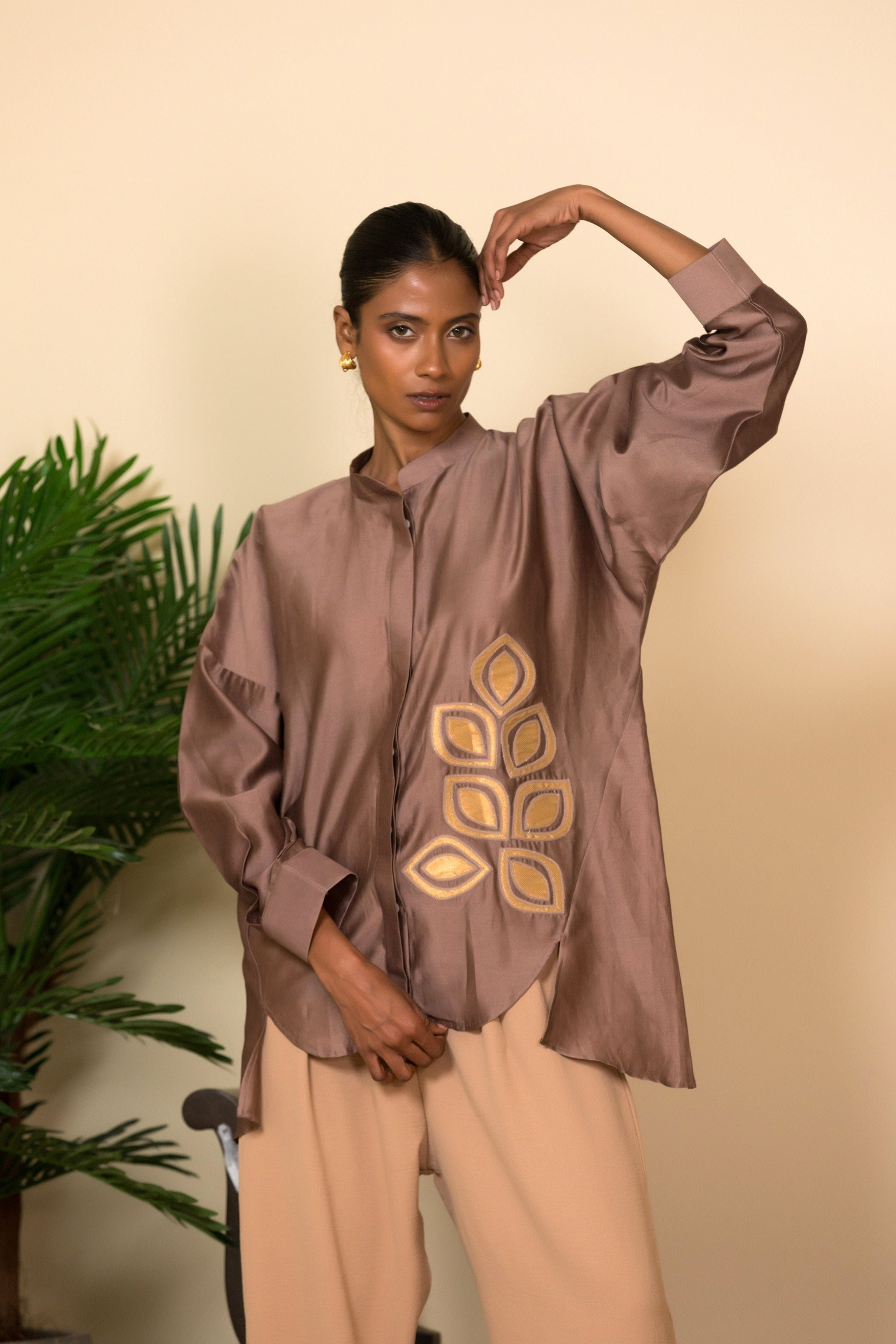 Eeda Silk Shirt with Gold Brocade Applique - Mauve
