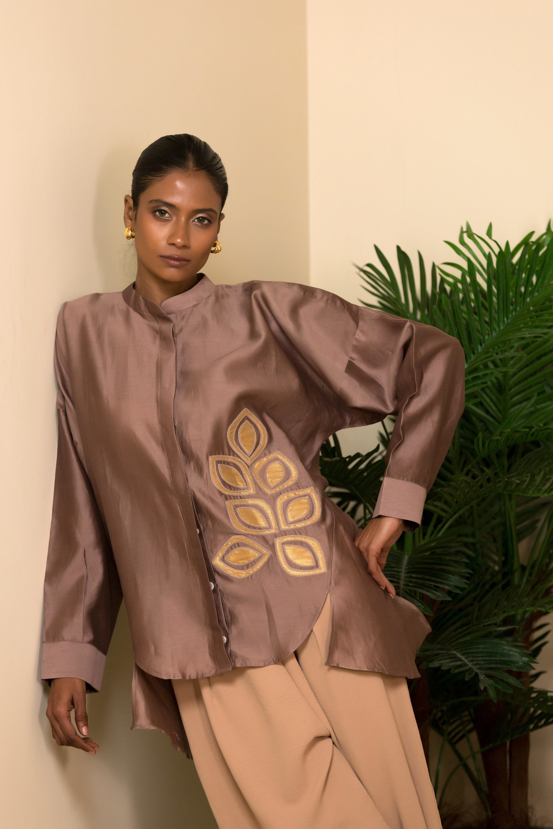 Eeda Silk Shirt with Gold Brocade Applique - Mauve