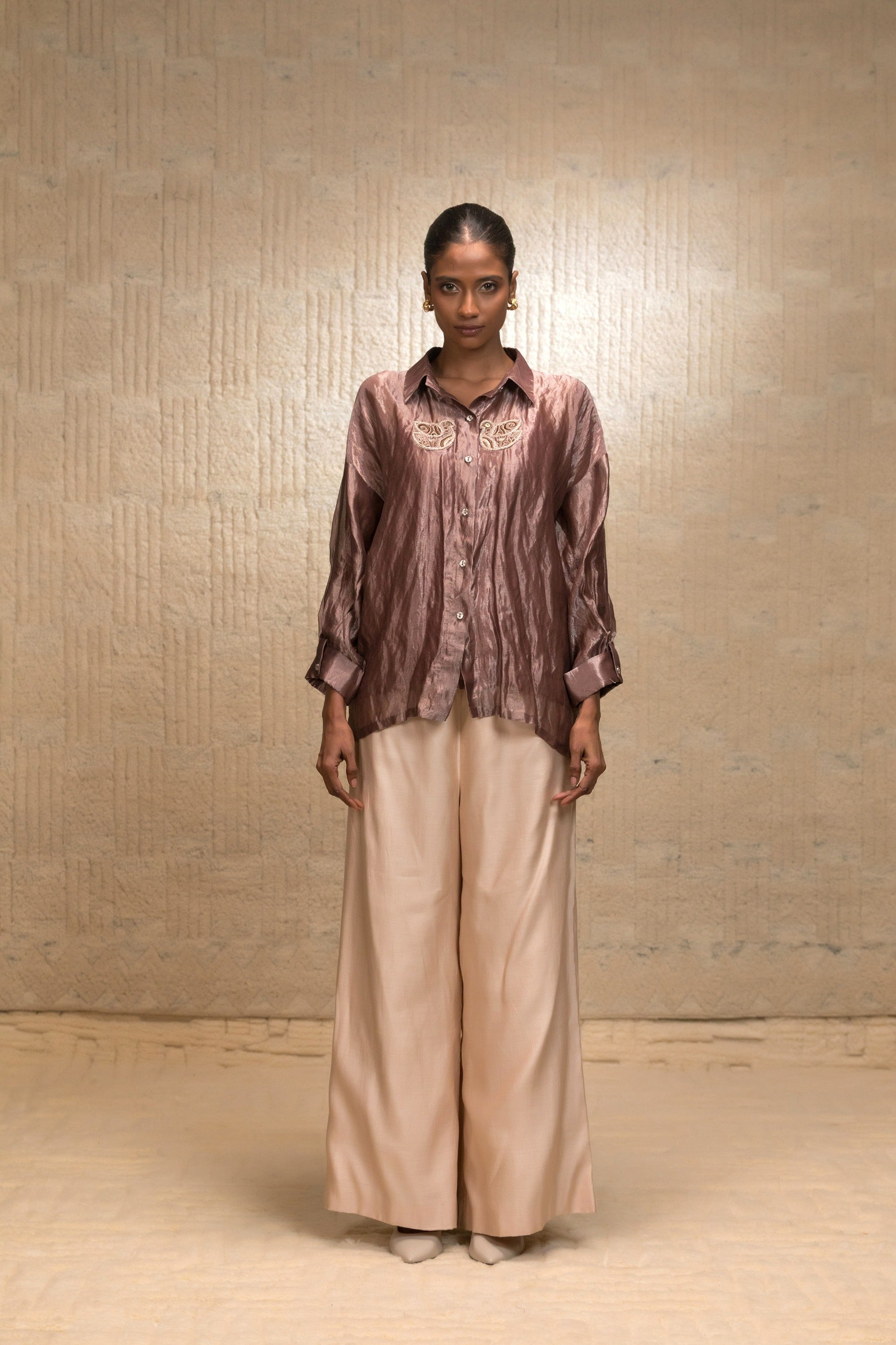 Eeda Silk Striped Tissue Shirt - Brown
