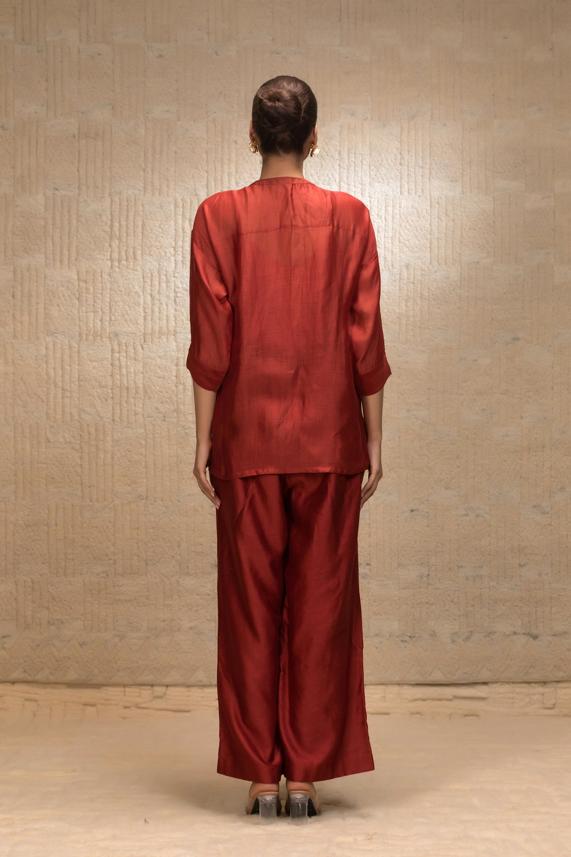 Eeda Zardozi Tulip Collar Silk ShirtSet - Maroon