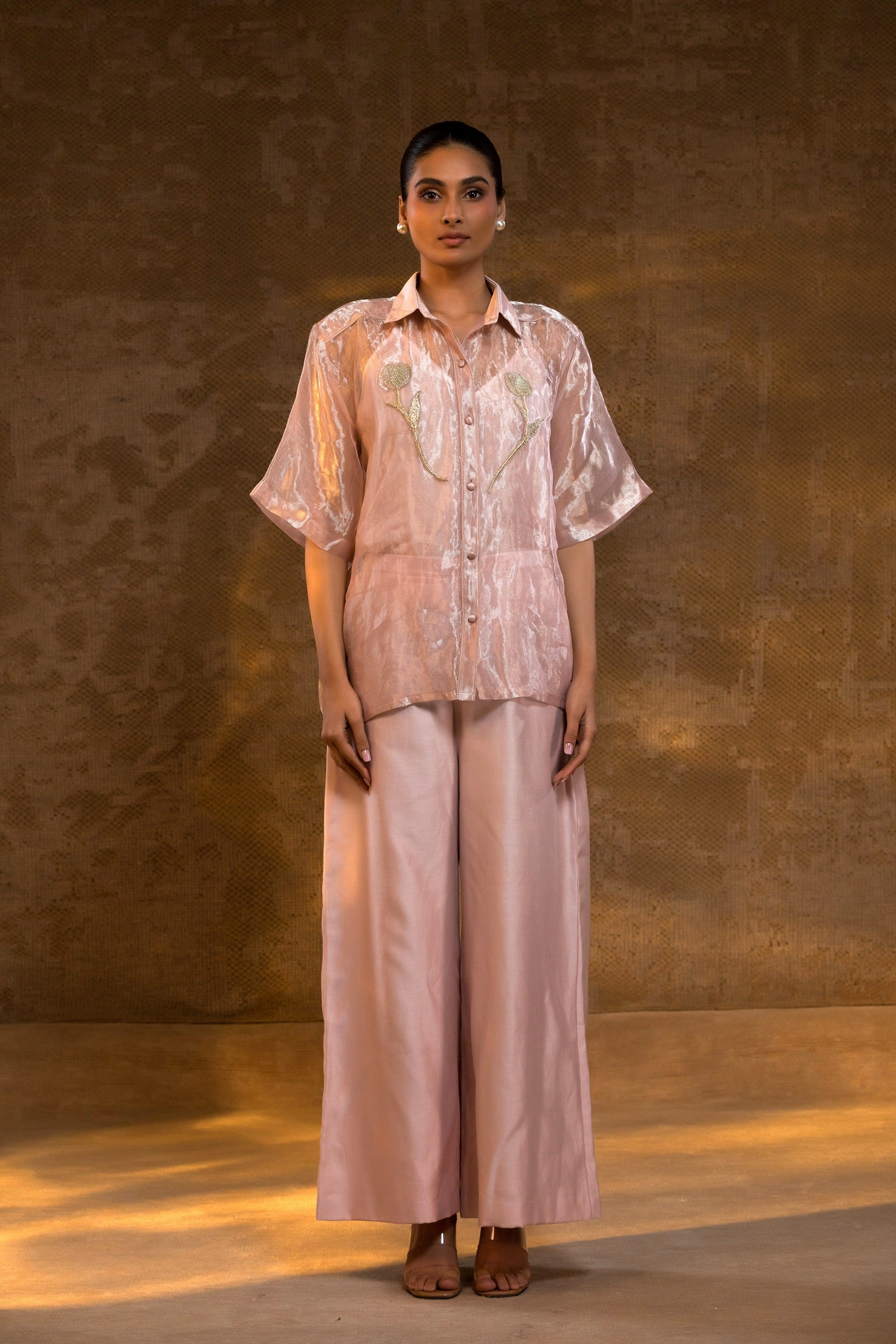 Eeda Tissue Co-ord Set with Zadozi Tulip Embroidery - Blush