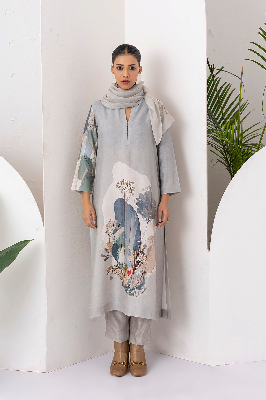 Grey Viscose Dupion Printed Tunic