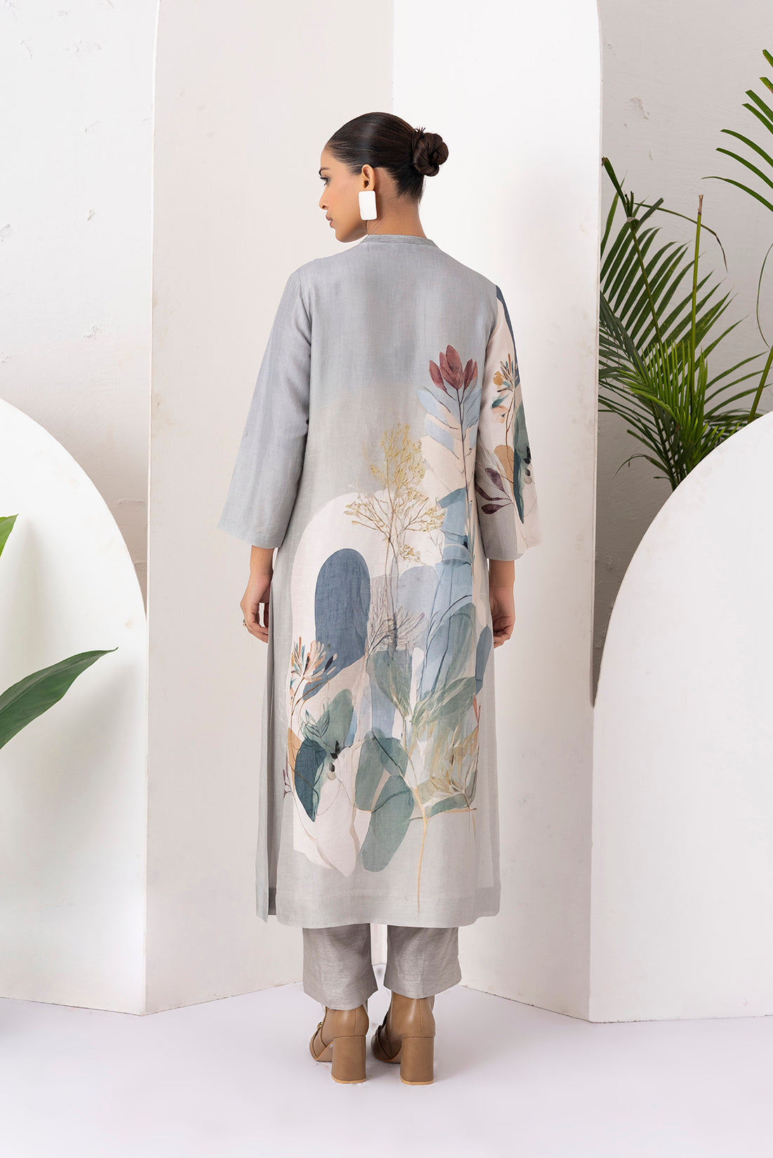 Grey Viscose Dupion Printed Tunic