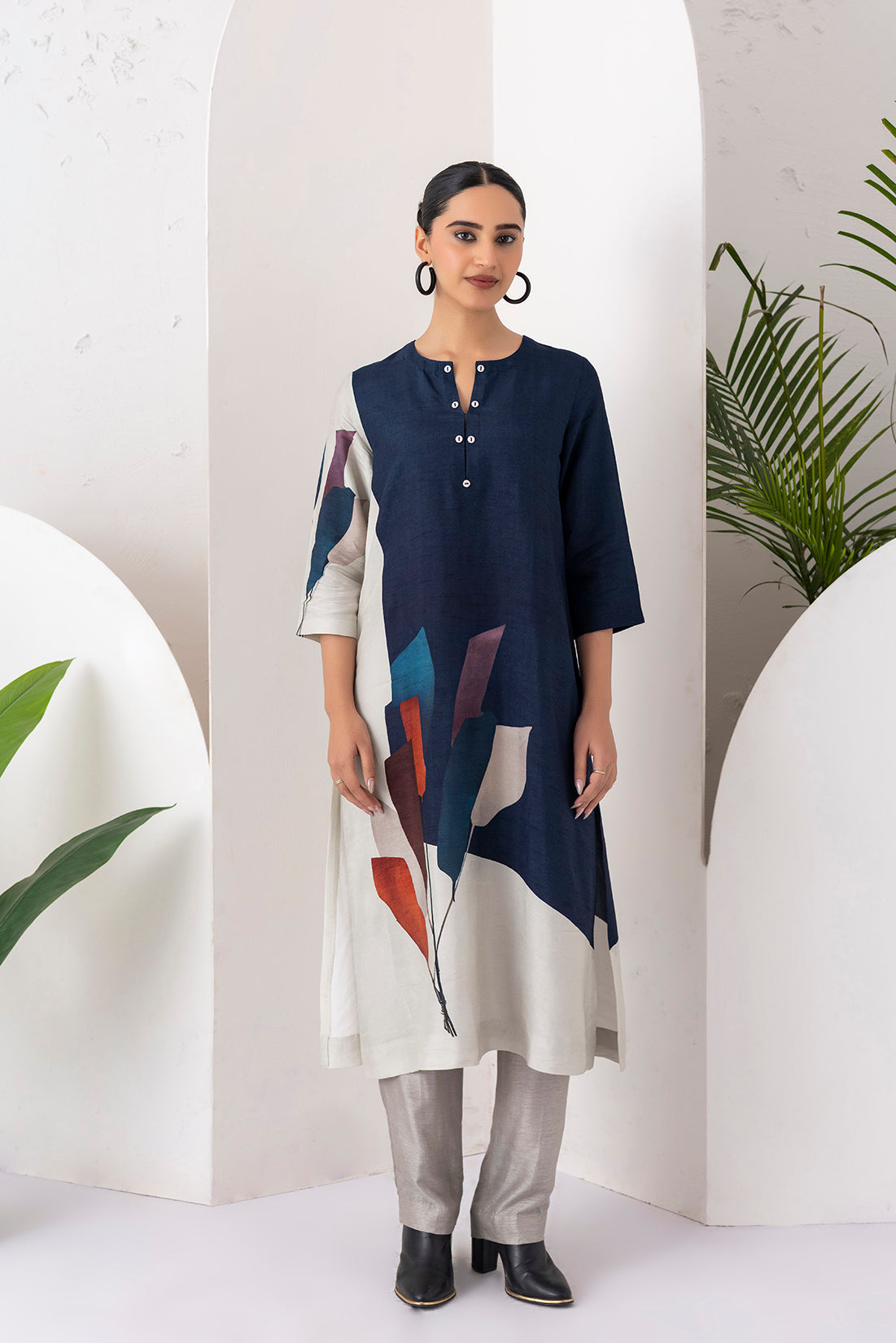 Blue & Ivory Viscose Dupion Printed Tunic