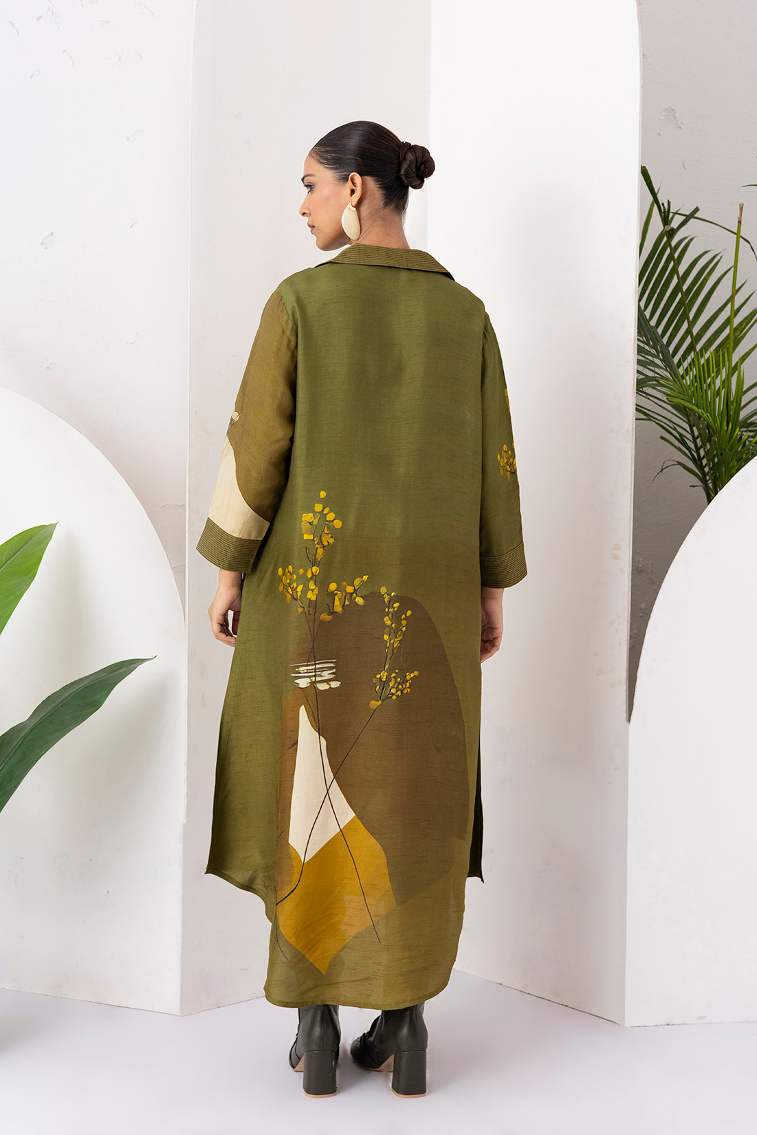 Moss Green Shaded Viscose Dupion Printed Dress