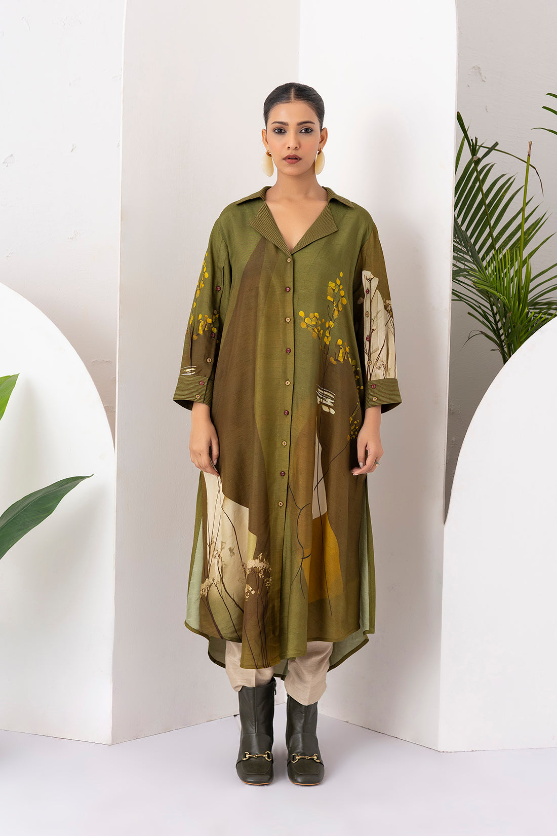 Moss Green Shaded Viscose Dupion Printed Dress