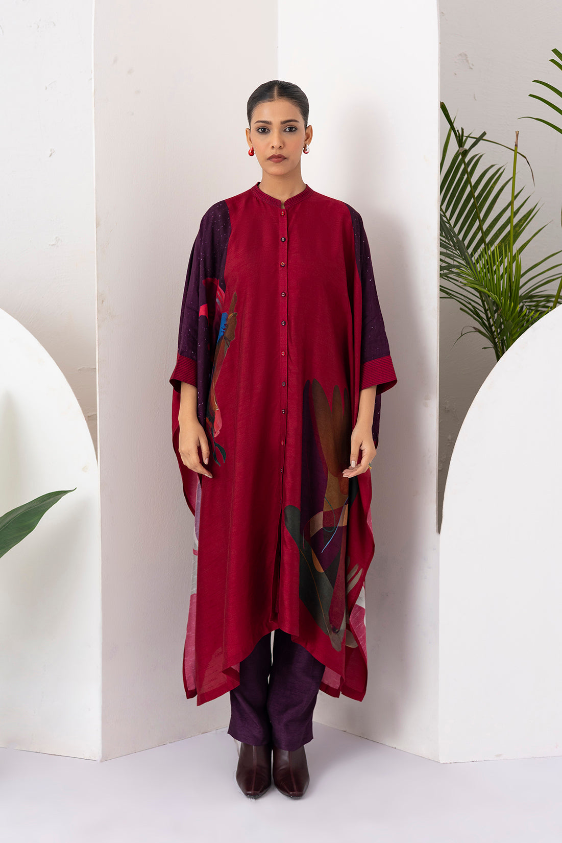 Red Viscose Dupion Printed Kaftaan