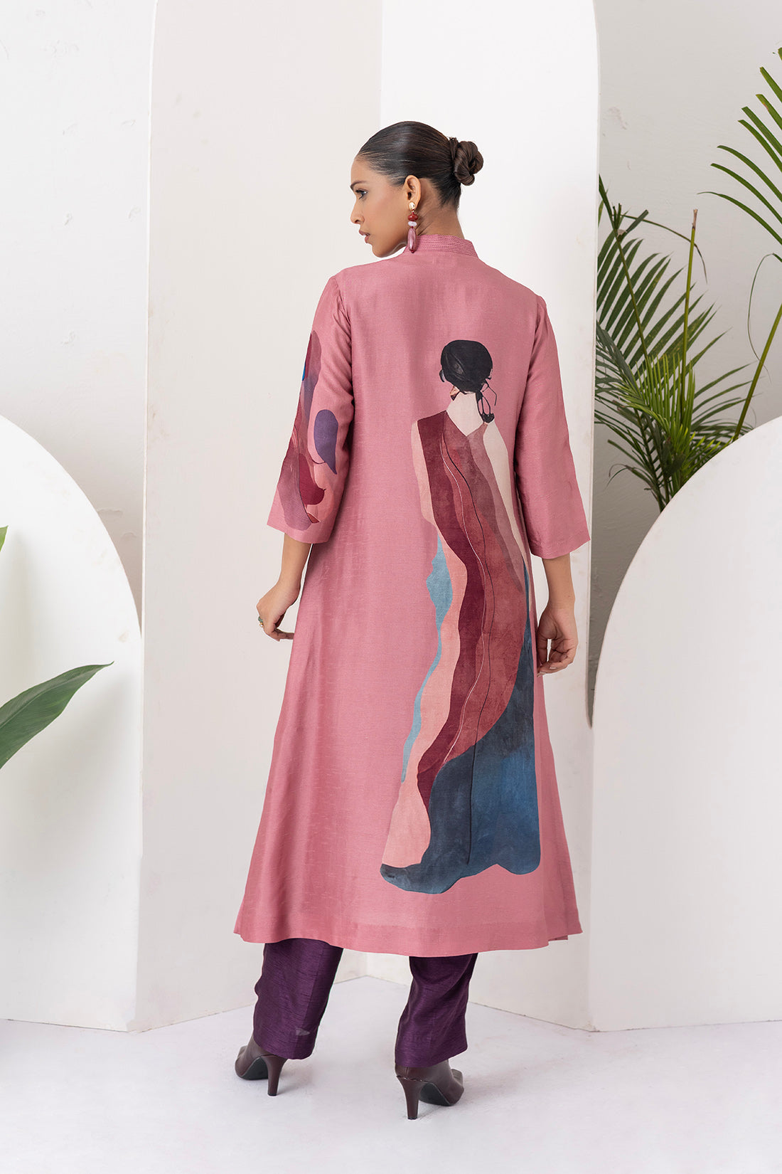 Salmon Pink Viscose Dupion Printed Dress