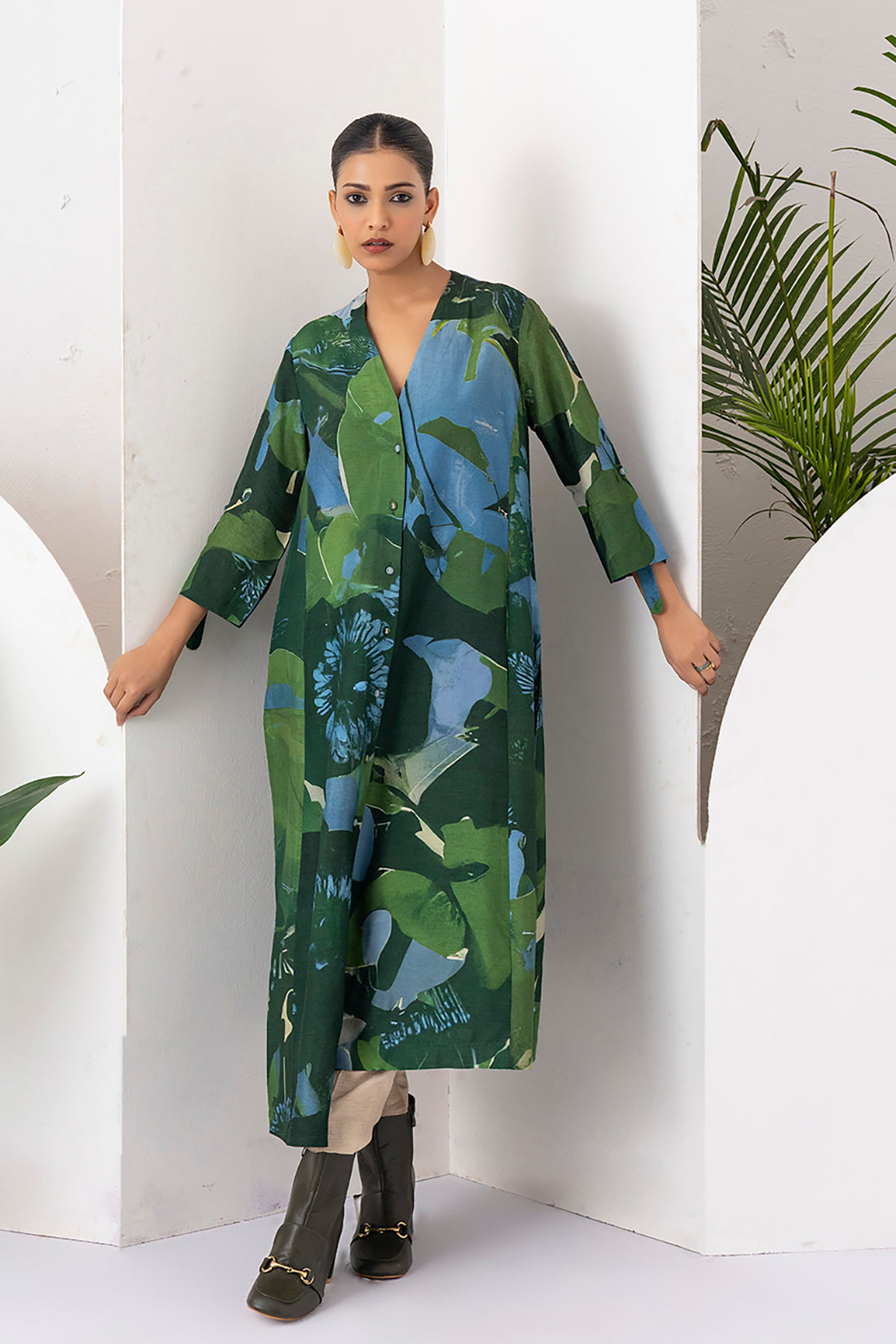 Green & Blue Viscose Dupion Printed Dress