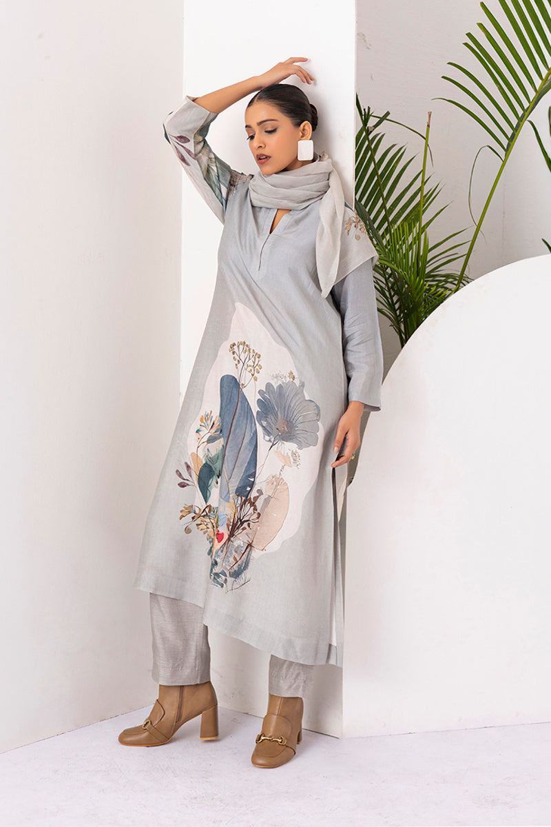 Grey Thin Chanderi Printed Stole